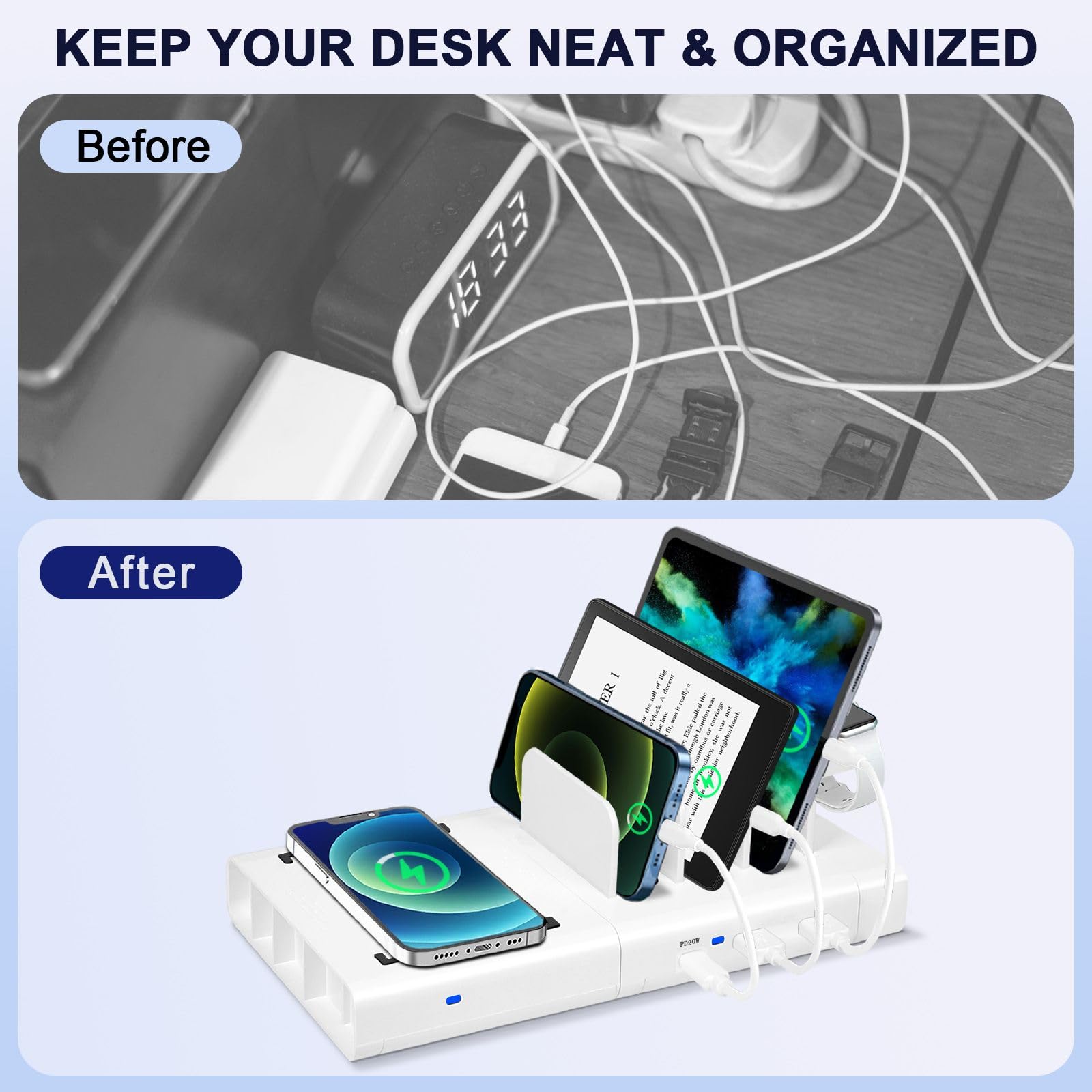 MERGROLY 5-in-1 Fast Charging Station with 20W PD Port, 15W Wireless Charging Dock, Watch Holder, for Phone/Kindle/iPad/Tablet (5 Short Cables Included)