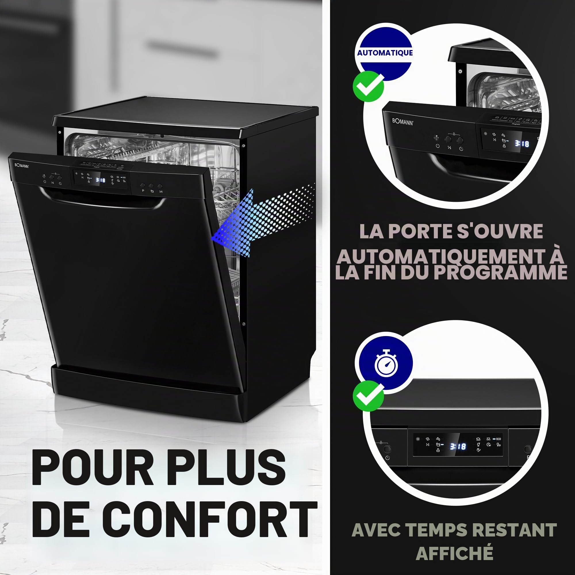 Bomann GSP 7419 Lave-vaisselle 60 cm, 14 places, sur pied ou sous comptoir, 7 programmes et 2 niveaux de pulvérisation, lave-vaisselle avec présélection de démarrage, lave-vaisselle encastrable, noir
