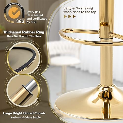 Miniatura 6 de KINFFICT Juego de 2 taburetes de bar giratorios de terciopelo, taburetes de bar ajustables con respaldo tejido, sillas de comedor tapizadas,