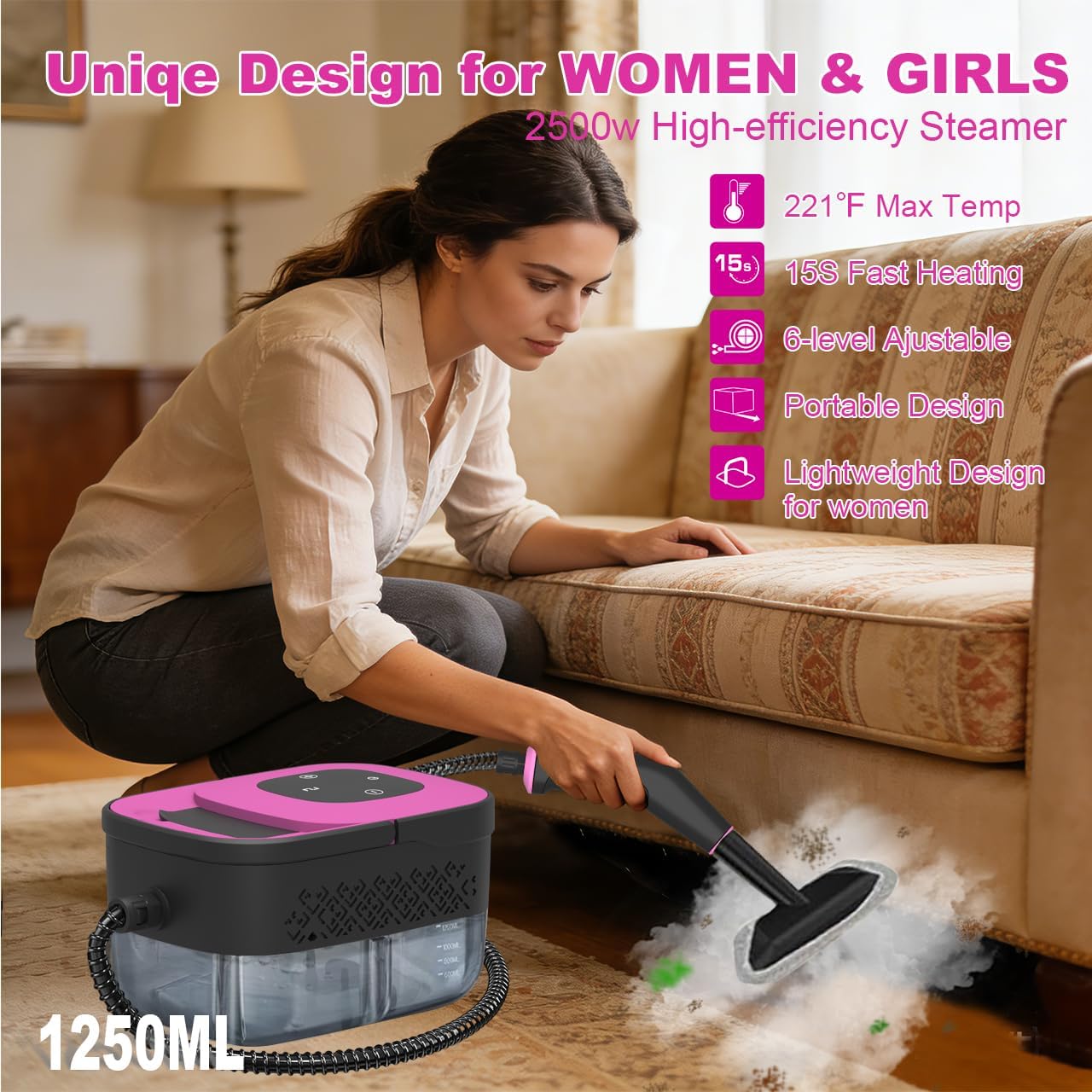 Portable Steam Cleaner for Cleaning with 16pcs Accessories, 6-Level Adjustable, 15s Heat-Up, Handheld Steam Cleaner for Home, Tile, Grease, Dirt, Car Detailing, Lightweight Design for Women& Girls