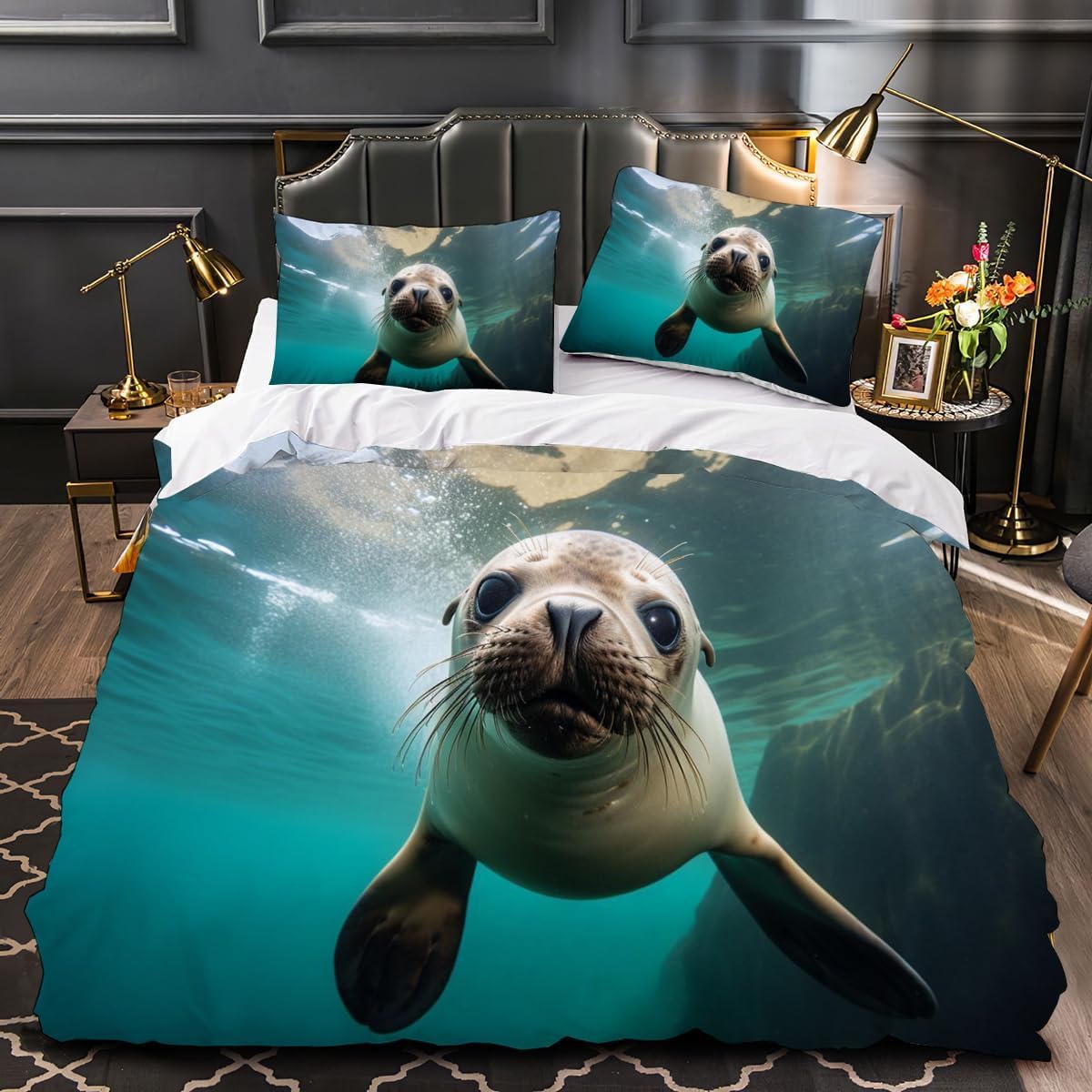 Housses couettes 140x200 phoques et parure de lit imprimée 3D animaux marins microfibre