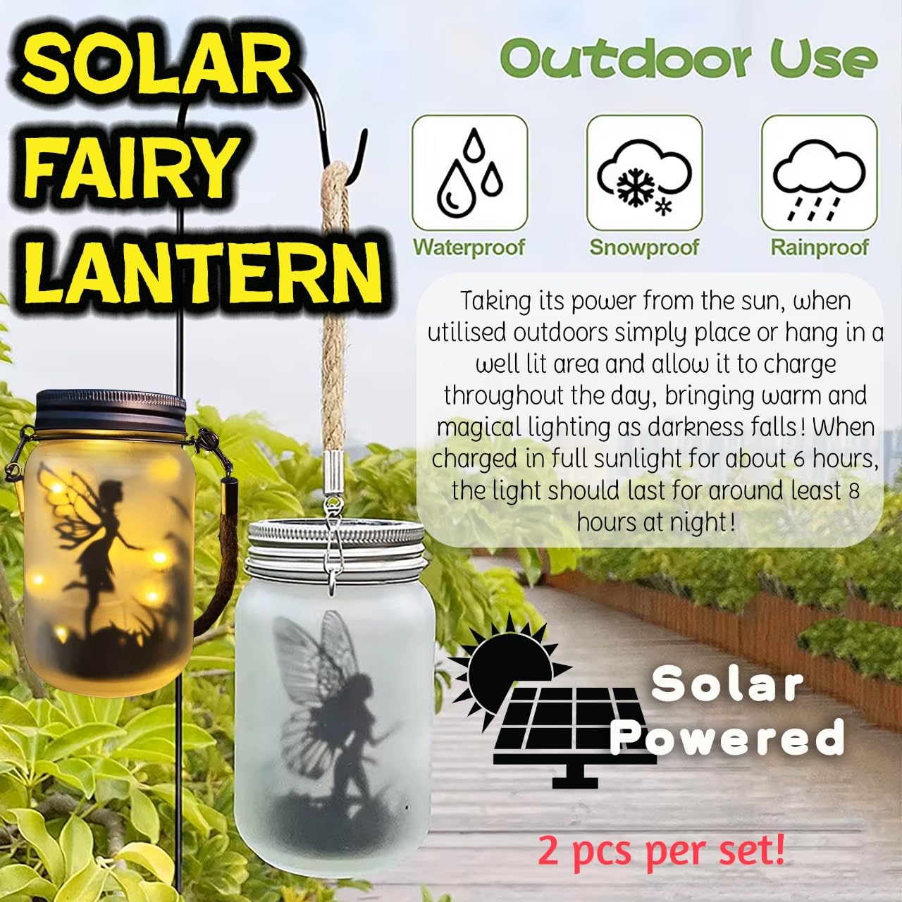 Set of 2 Lantern Solar Fairy Lights, IP65 Waterproof Solar Garden Lights, Decorative Lantern Outdoor Lights Garden Ornaments - Image 2