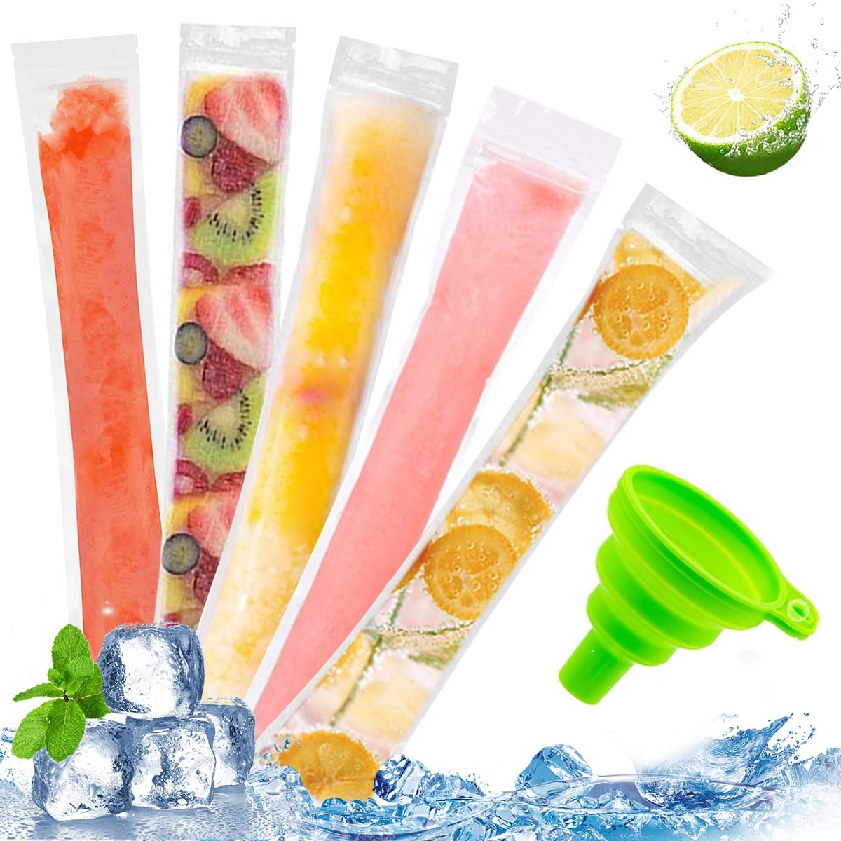Pack of 200 Popsicle Bags, Ice Pop Bags, Popsicle Moulds Bags with Funnel, Water Ice Bags, Pop Mould Bags with Zip, DIY Ice Moulds for Yogurt, Snack or Freeze Pops