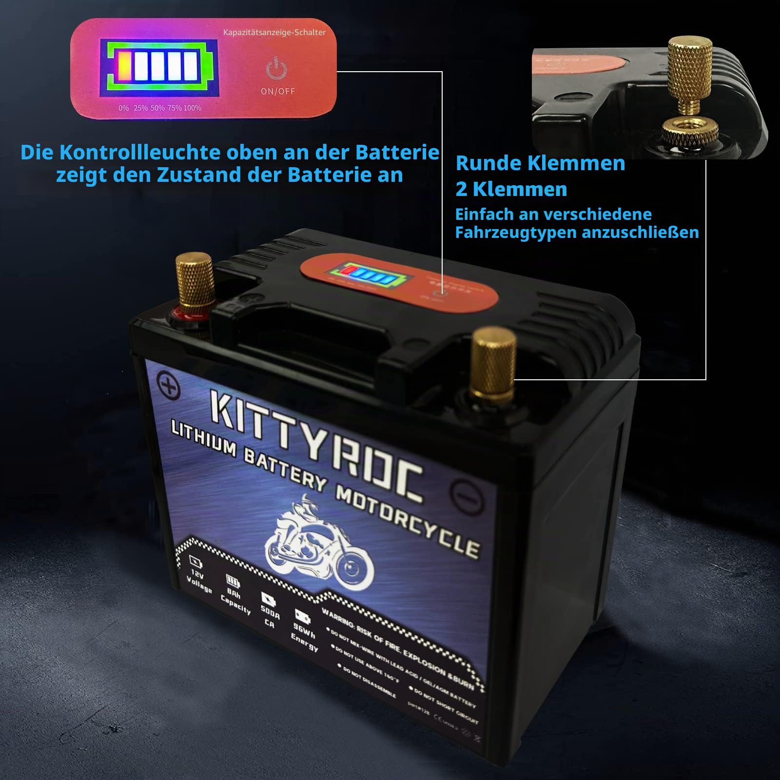 12V 8Ah 500A Lithium Motorrad Batterie, LiFePO4 Batterie, Ersatz ATV, UTV, Motorrad, Rasenmäher, Jetski, Schneemotor, 4 Räder, Traktor, Roller und Generator Batterie