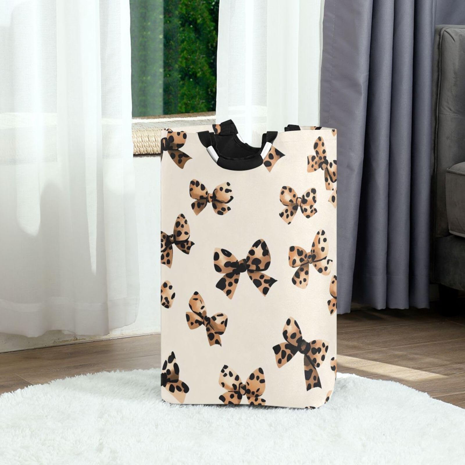 Jihqo Laundry Hamper Basket Leopard Print Bow Collapsible Nursery Storage Bin Waterproof Clothing Baskets for Home Bedroom Bathroom Washing Room