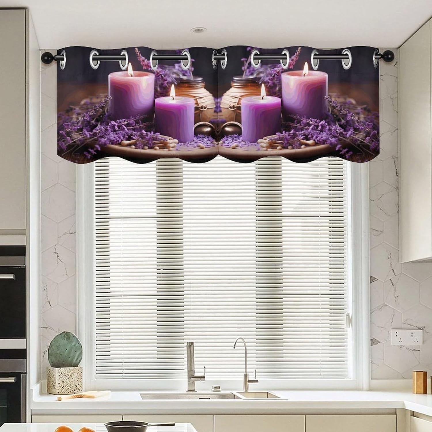 Purple Lavender with Candles 2 Pack Valance Curtains Window Treatments. Adjustable Curtain with Rod Pocket.Cafe Curtains is Half Curtains for Privacy Decorative 52x18.1 Inch.