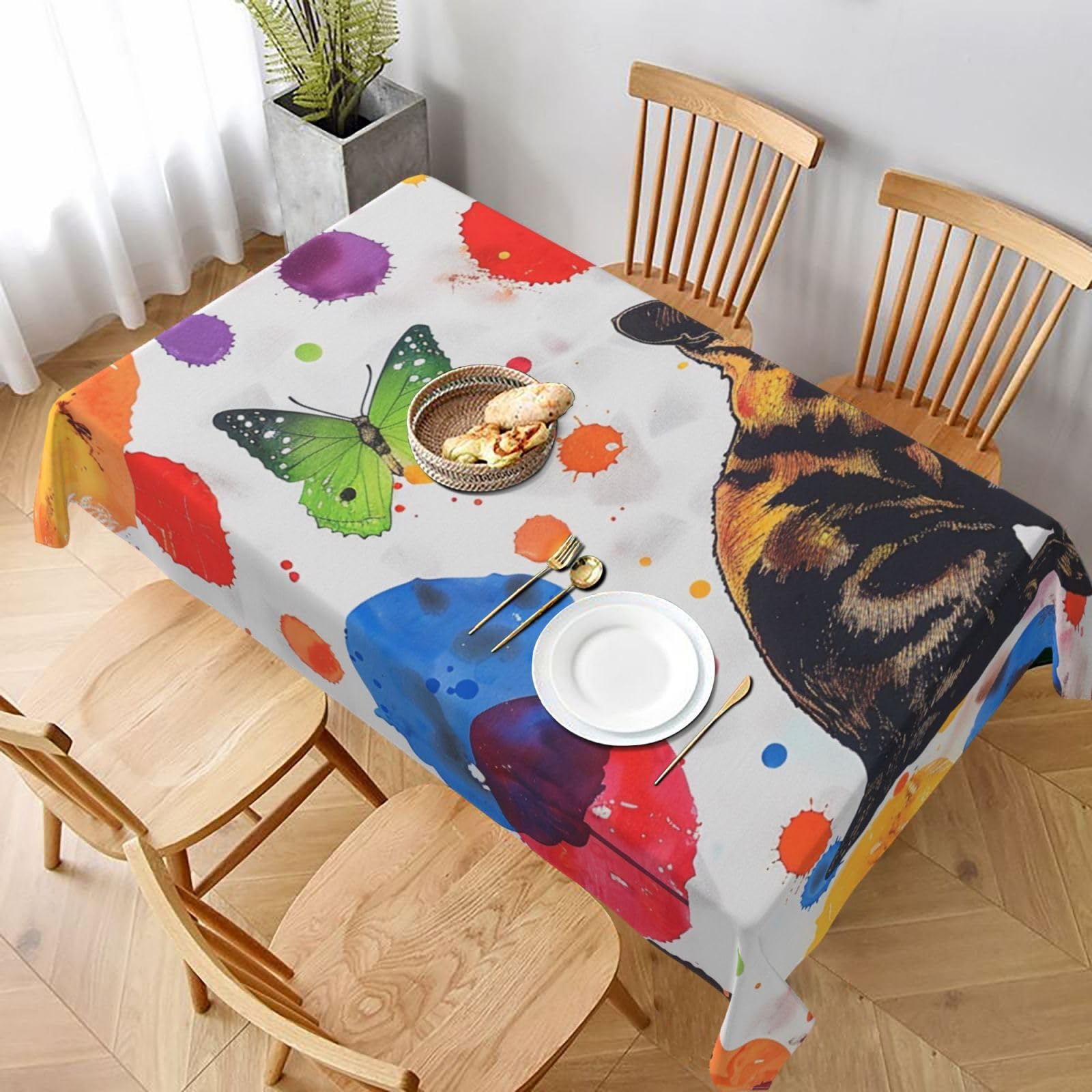 WPKJU Butterfly Polka dot and cat Printed Tablecloth 60x90 in Water Resistant Table Cover Washable Rectangle Table Cloth for Dining Tables