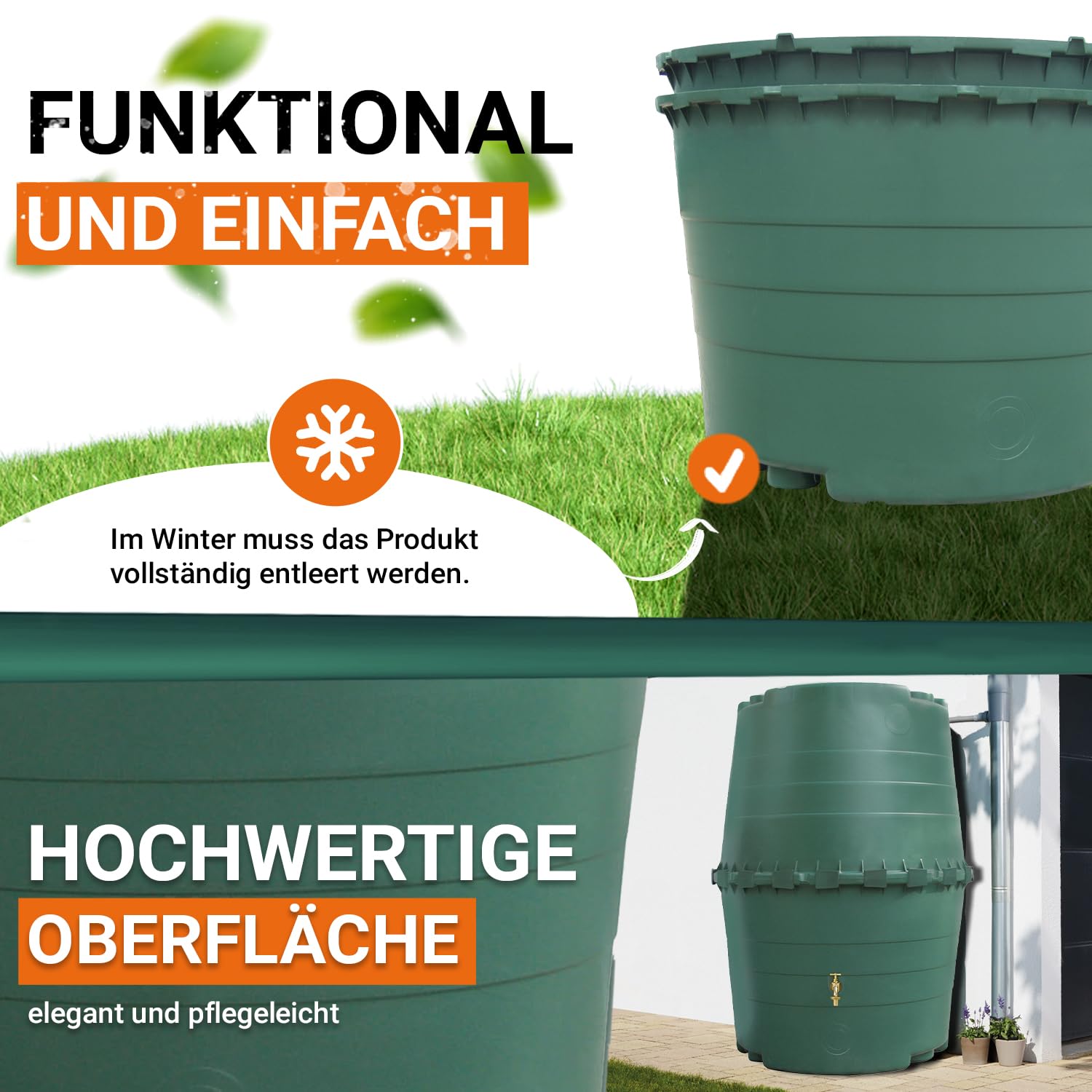 GARANTIA TOP-Tank Regentonne 1300 Liter dunkelgrün - Regenfass, Wassertank, Regenwassertonne, Wassertonnen für Garten, Wasserbehälter, Weithalsfass, Fass, Regenwassertank, Wasserfass