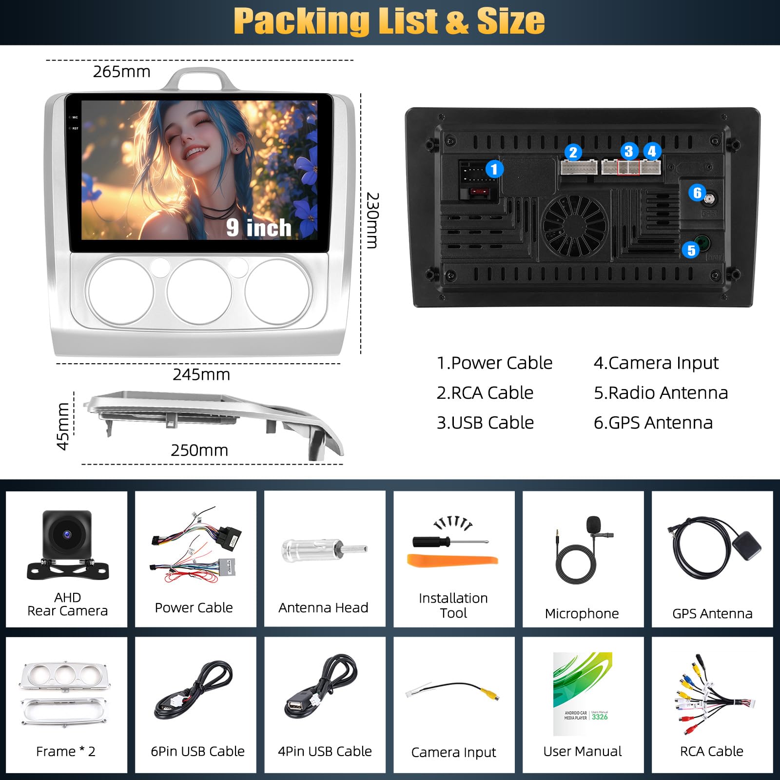 CAMECHO [4+128 GB] odtwarzacz samochodowy z systemem Android 15 dla Forda Focus Exi MT 2 3 Mk2/Mk3 (2004–2011) z bezprzewodowym CarPlay i Android Auto ekran 9″ INCELL 2 DIN GPS WiFi