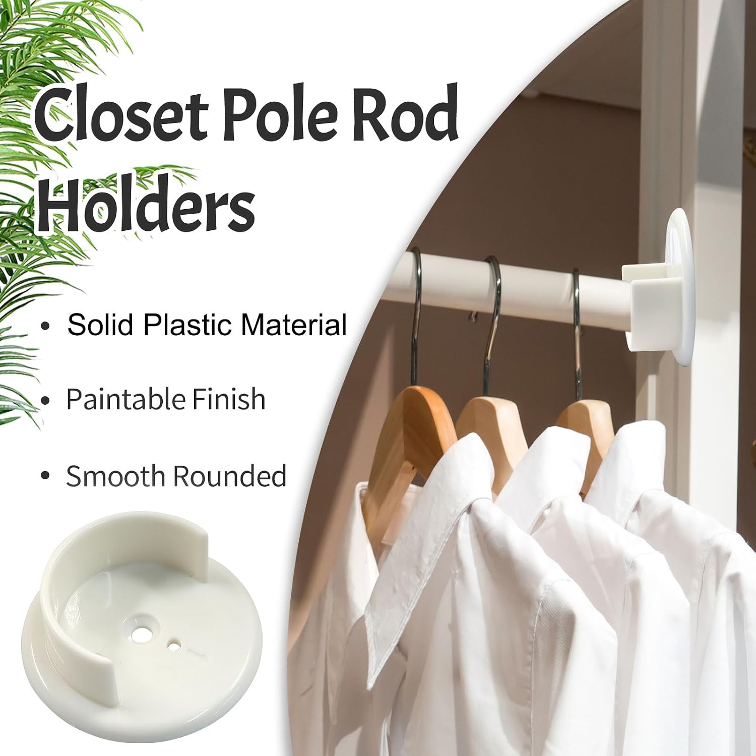 2 Sets Plastic Closet Pole Sockets, 1-3/8" U-Shaped Rod Holders