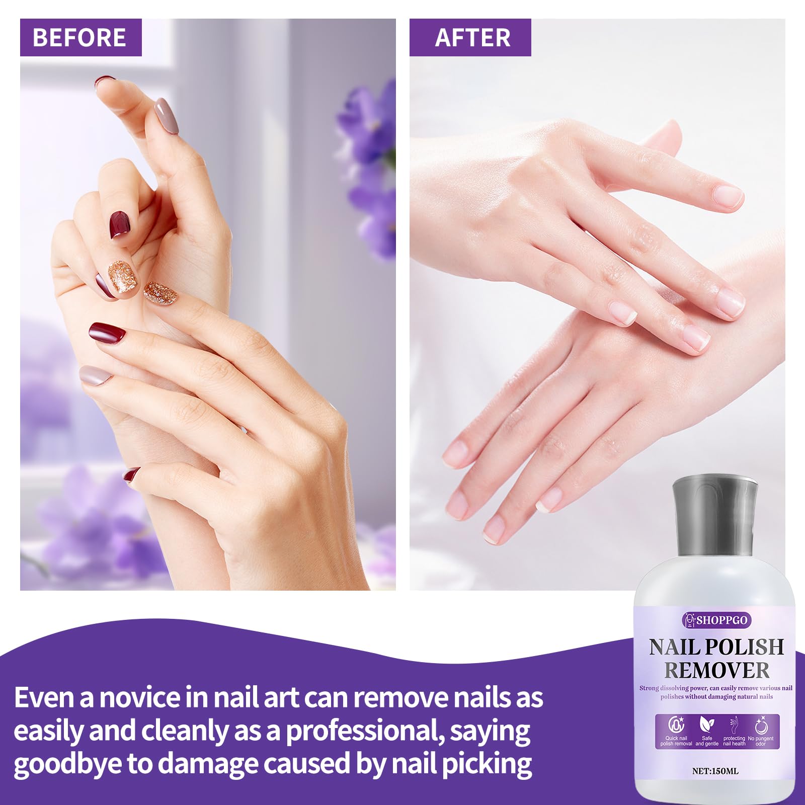 Acetone Per Smalto Semipermanente, Acetone Rimuovi Semipermanente Unghie, con Lime e Spingicuticole, Rimuove Facilmente e Rapidamente lo Smalto, 150ml