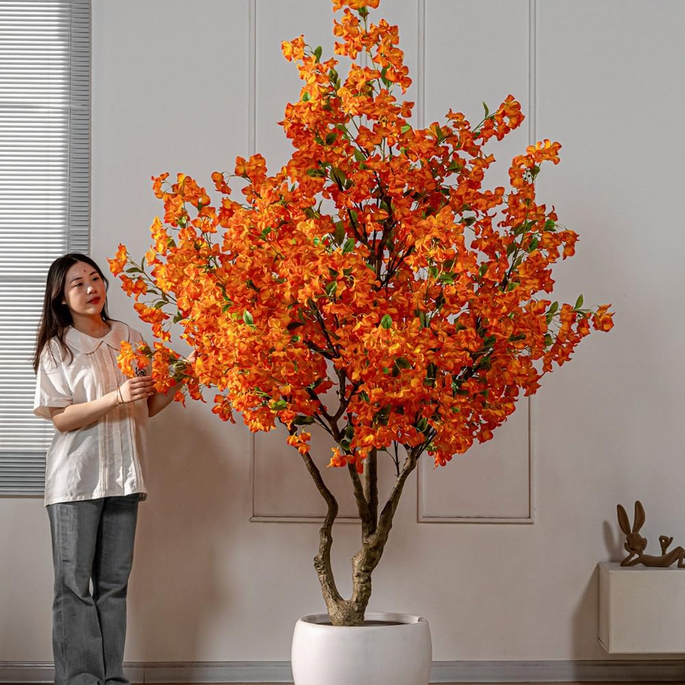 Autumn Orange Artificial Bougainvillea Tree, Faux Blossom Potted Floor Plant with White Round Planter, Lifelike Fake Flower for Shop Wedding(2 * 1.5M)