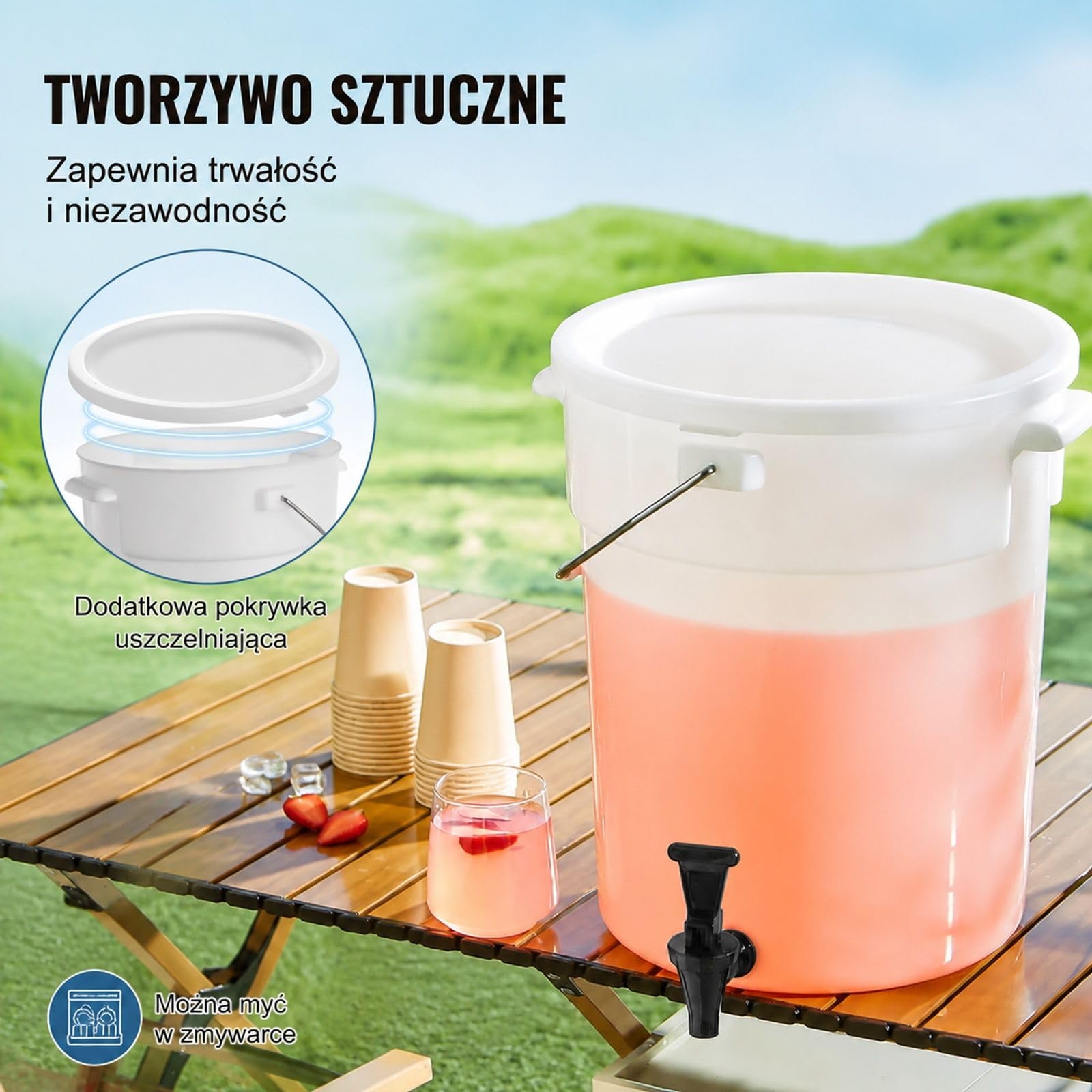 Plastikowy dozownik napojów 19 l z kranem i pokrywką do mrożonej herbaty, lemoniady, soku i wody, do restauracji, hoteli i imprez