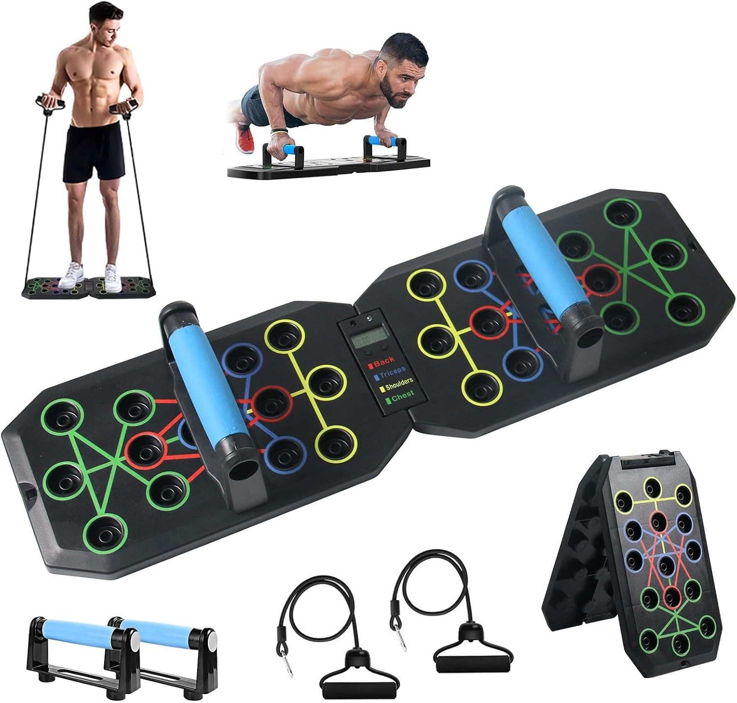 Push Up Board with Resistance Bands, Foldable Push Up Bar with Counter/Timer, Multi-function Push-Up Stand Home Workout Equipment with Handles for Fitness Burn Fat Chest Strength Training