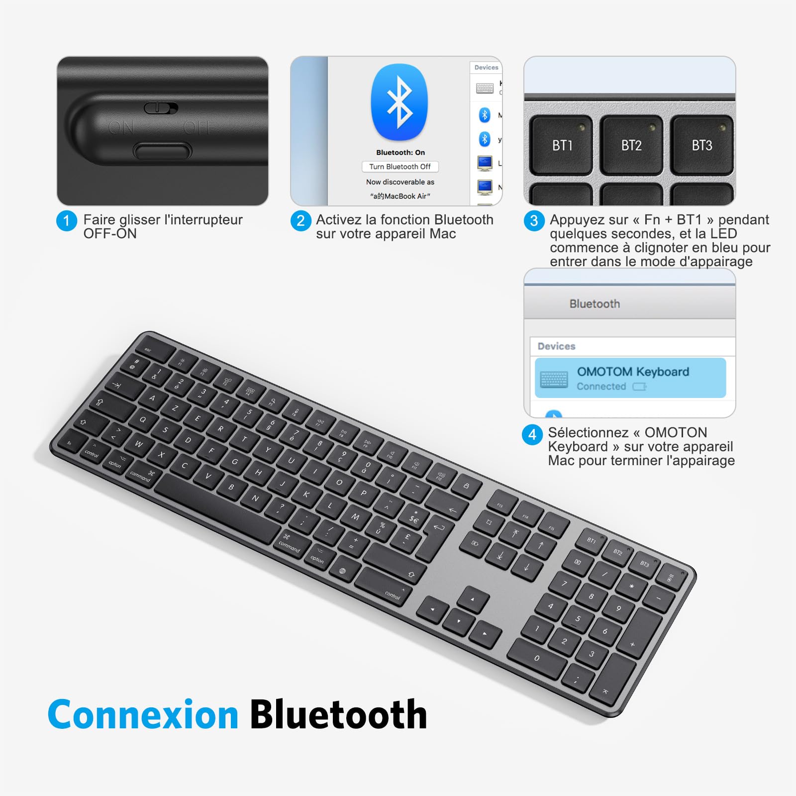 OMOTON Clavier Bluetooth pour Mac, Clavier sans Fil Rechargeable Multi-dispositifs avec 3 Canaux Bluetooth pour Apple Mac Pro/Mini, MacBook Pro/Air, iMac Pro, AZERTY Français, Gris Foncé