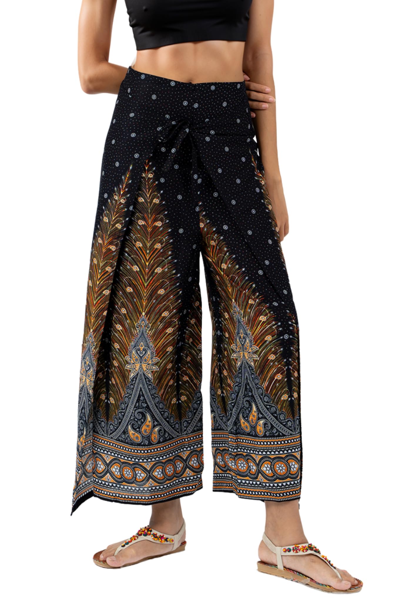 Your Cozy Women's Black Peacock ’S Boho Palazzo Pants – Wide Leg Harem Pants For Yoga, Lounge, Festival, Travel – Lightweight Adjustable Waist Hippie Trousers (Black Peacock)