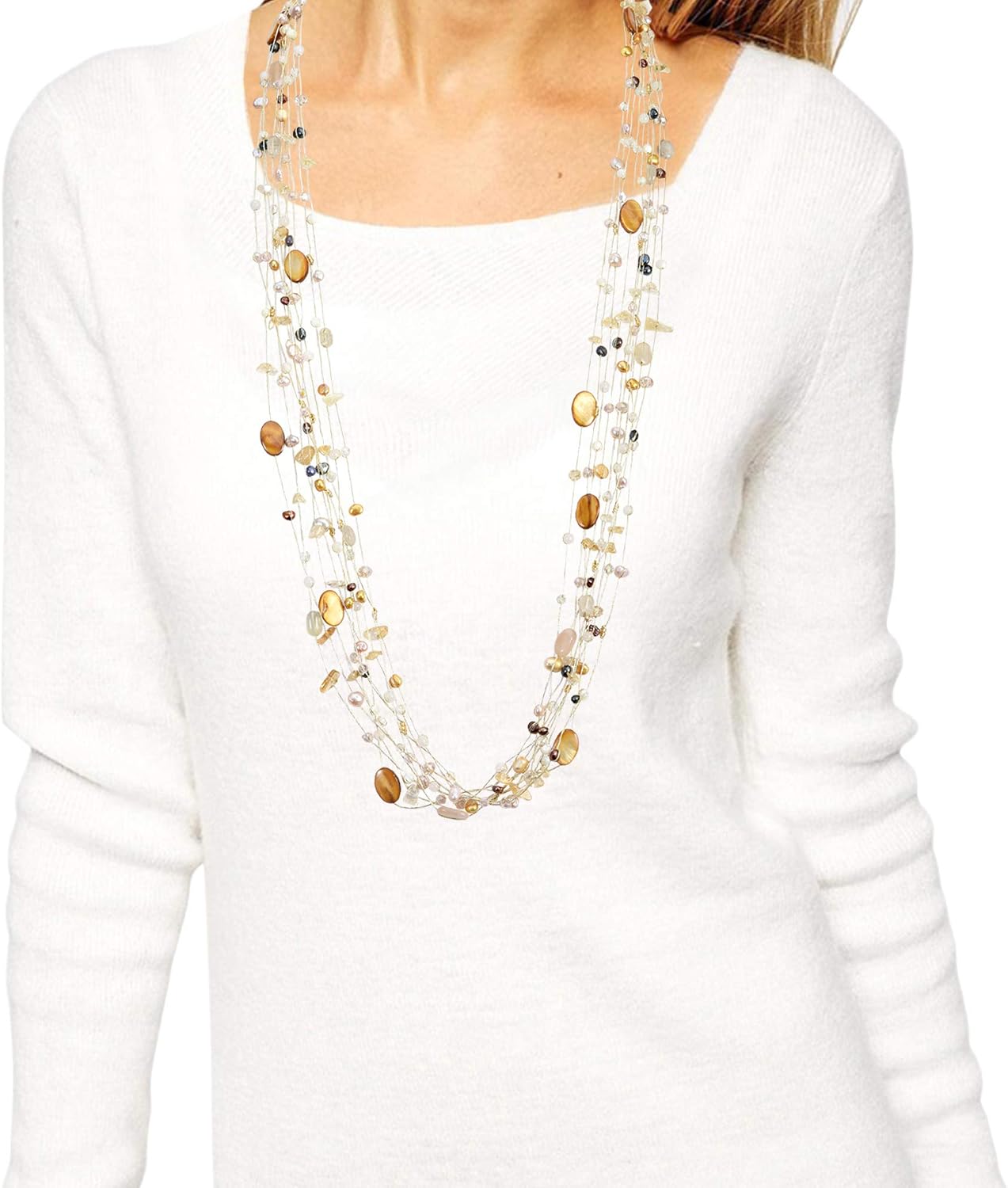 AeraVida Earth Tones Mixed Stone & Mother of Pearl Multi-Layered Necklace | Boho Chic Silk Thread Jewelry for Women