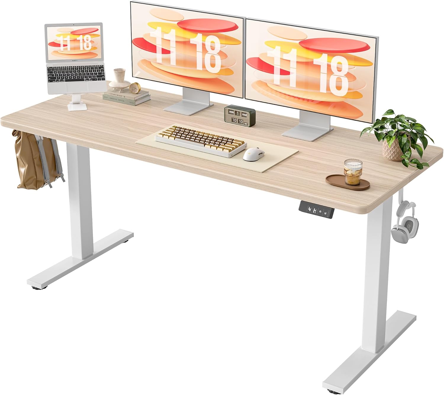 TIQLAB Electric Standing Desk, Adjustable Height Stand up Desk, 63 * 24 Inches Sit Stand Home Office Table with Splice Board, Light Walnut 63*24 inch Light Walnut