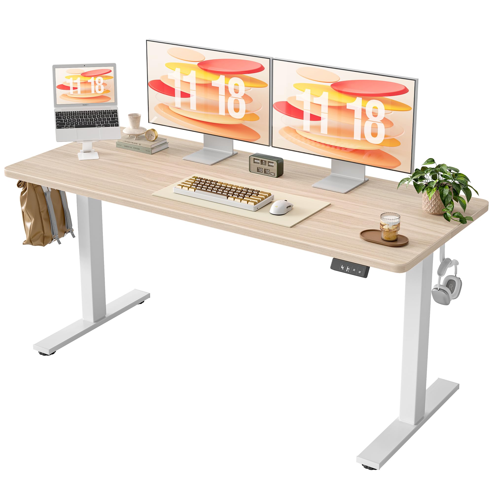 Photo 1 of TIQLAB Electric Standing Desk, Adjustable Height Stand up Desk, 63 * 24 Inches Sit Stand Home Office Table with Splice Board, Light Walnut