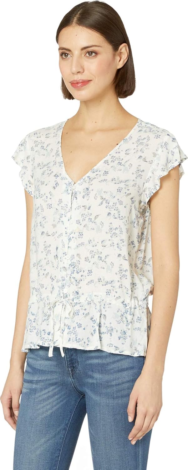 Two by Vince Camuto Cap Sleeve Tranquil Ditsy Drawstring Waist Peplum Blouse Pearl Ivory SM (US 4-6)