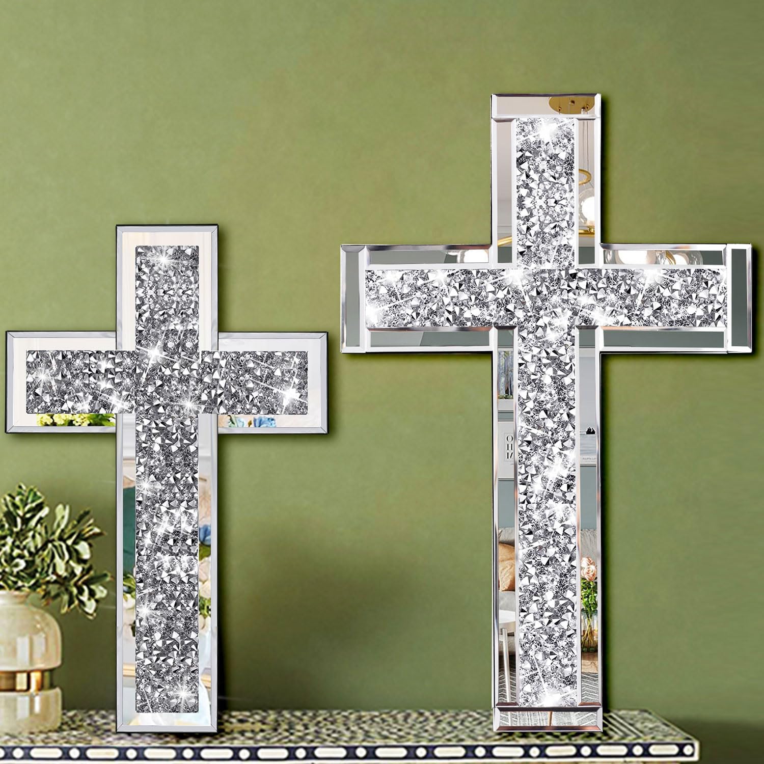 Uaussi Crushed Diamond Mirrored Wall Cross Glass Mirror Crystal Cross for Wall Table 15.7x10 Inch Decorative Home Décor-Sliver