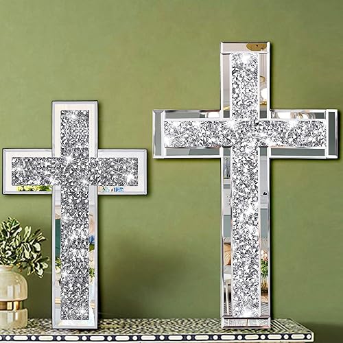 Miniatura 3 de Uaussi Cruz de cristal con espejo de diamante triturado, cruz de cristal para mesa de pared, 15.7 x 10 pulgadas, decoración decorativa del hogar,