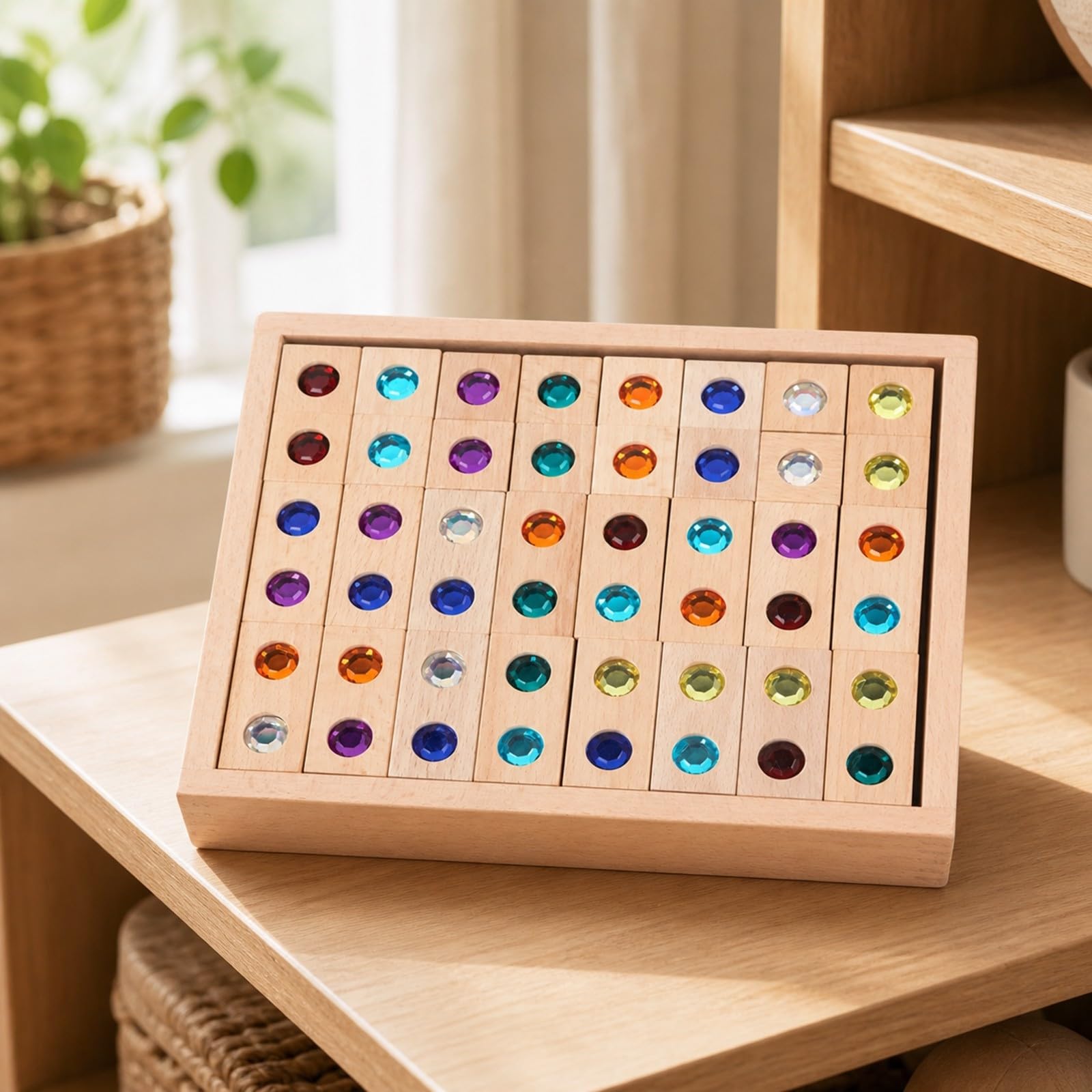 128 Pezzi Set di Costruzioni Sensoriali | Colorato, Blocchi di Faggio con Inserti Gemmati, Non Verniciato, Giocattolo Educativo, per Aula Scolastica