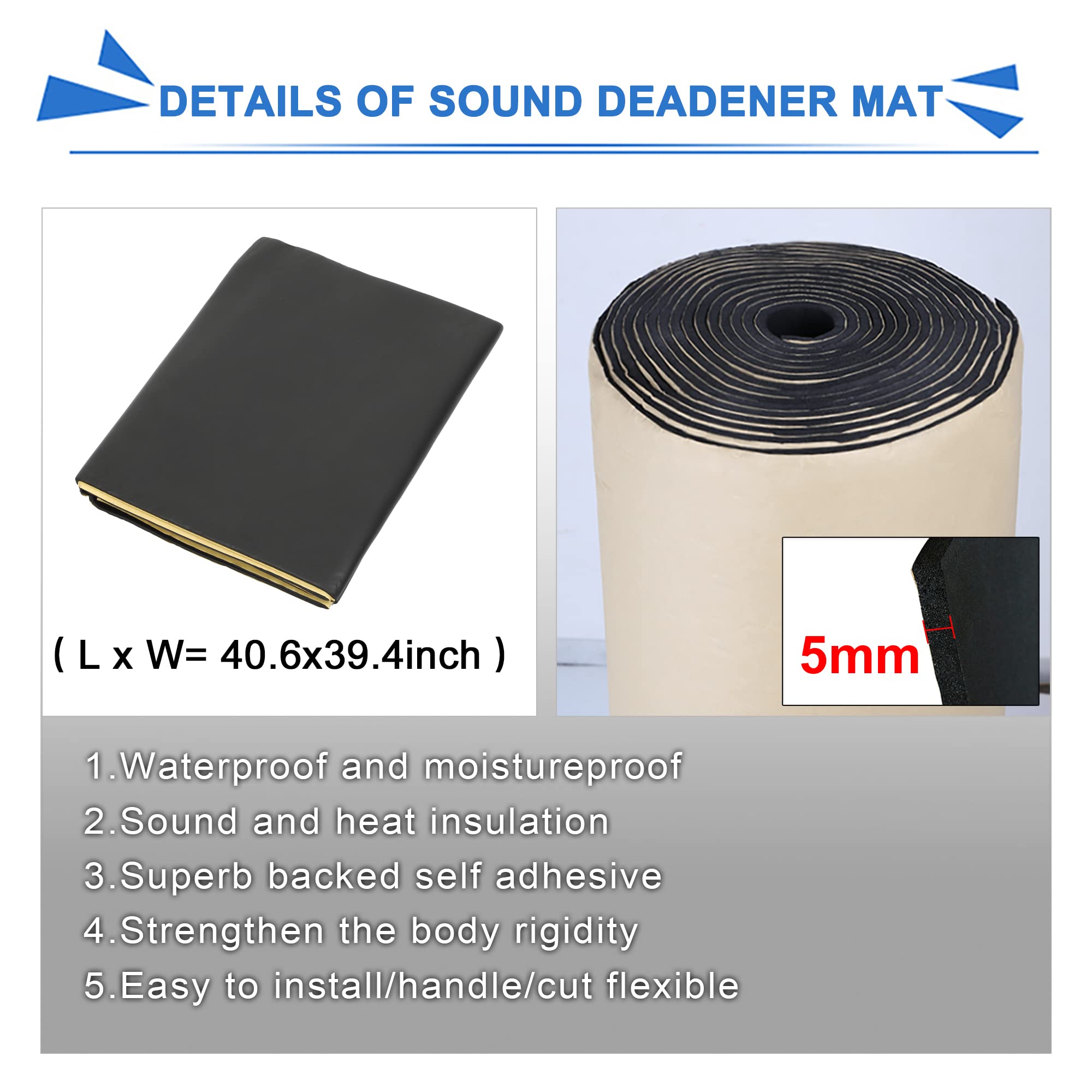X AUTOHAUX Alfombrilla Amortiguadora de Aislamiento Acústico de Espuma de Celda de Coche 5mm, Alfombrilla Amortiguadora de Sonido de Calor de Espuma de Alta Densidad 103cm