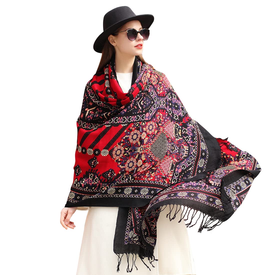 DANA XU 100% Pure Merino Wool Oversized Extra Large Cashmere Pashmina Warm Floral Scarf Shawl And Wrap Dupatta For Women