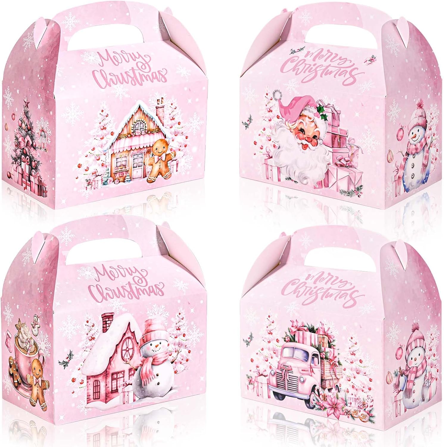 Bolsome 16Pcs Pink Christmas Treat Boxes - Santa, Snowman, Gingerbread Man, Xmas Tree, Truck Goodie Candy Boxes - Merry Christmas Party Favor Boxes for Winter Holidays Supplies - Image 9