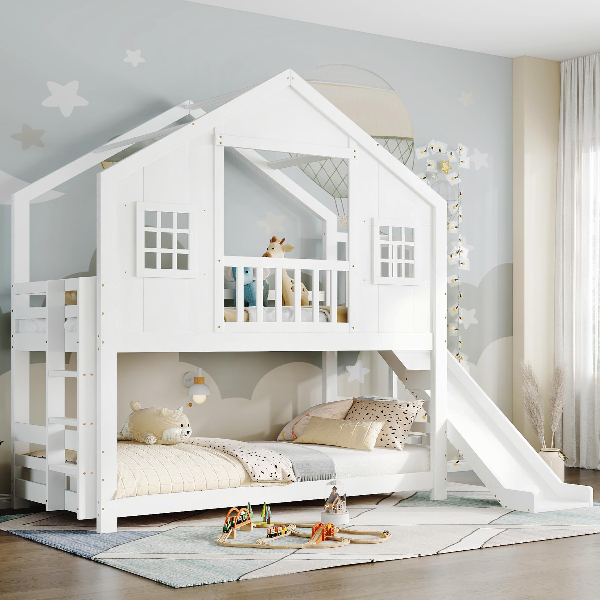 MYBOO Kinderbett Etagenbett 90x200, Hochbett Hausbett mit Rutsche&Leiter&Fenstern&Dach, Stockbett Doppelbett Holzbett Jugendbett Bettgestell mit Lattenrost&Rausfallschutz, Kiefer, Ohne Matratze, Weiß