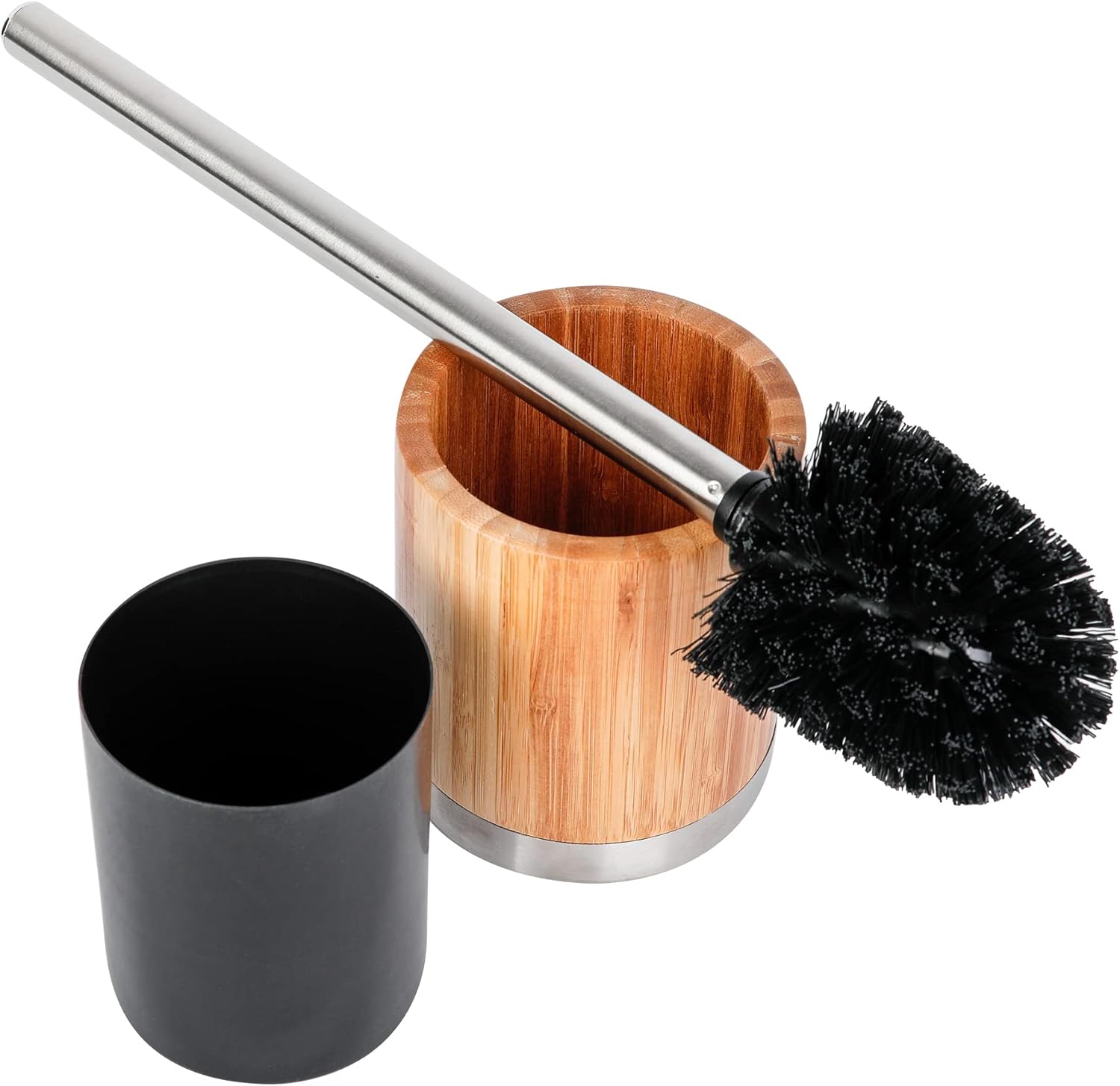 axentia Bonja Freestanding Toilet Brush Holder, Stainless Steel Toilet Brush and Bamboo Holder Set, Cleaning Brush Bathroom Set, Removable Head and Inner Container, Holder Diameter approx. 9.5 cm, Brown