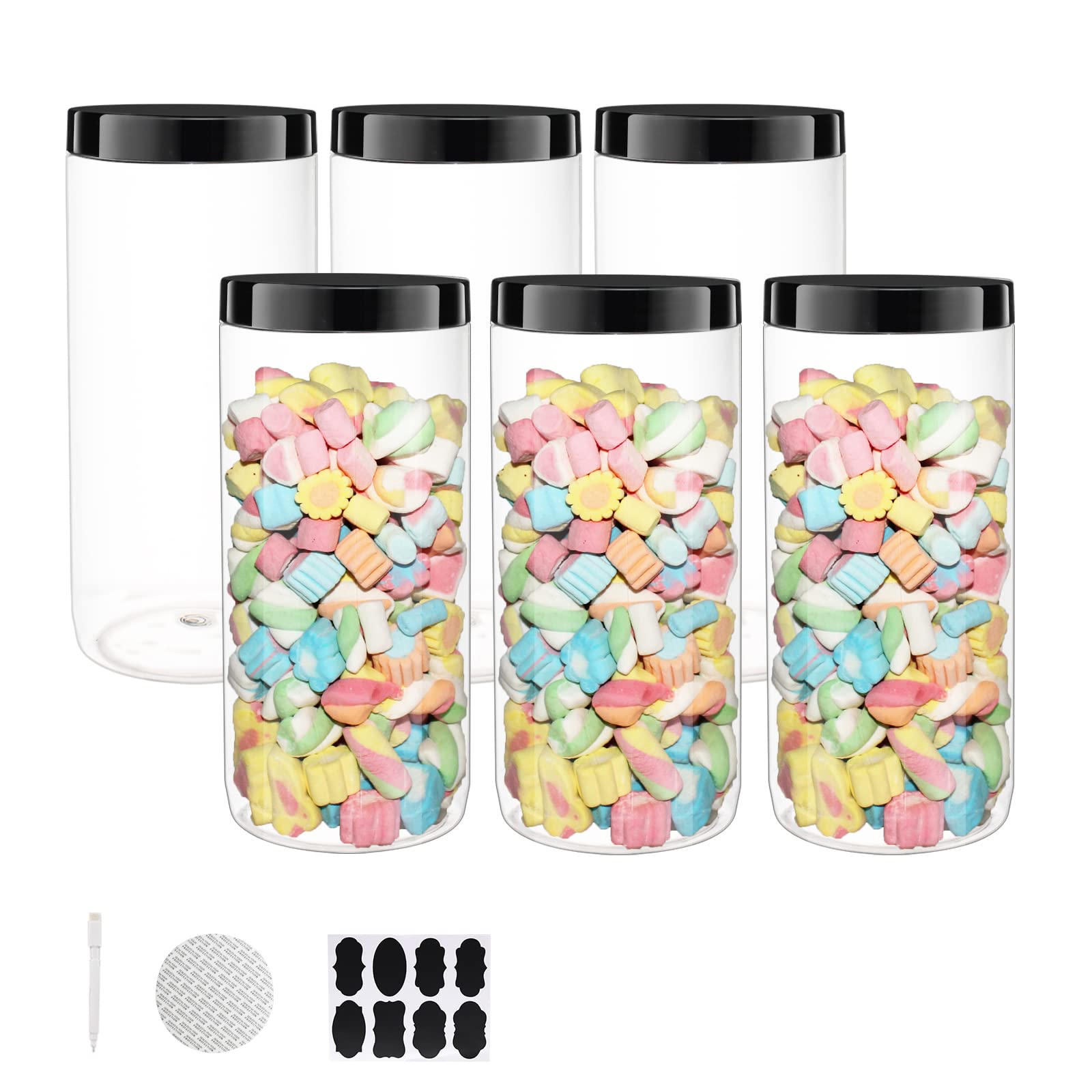 Buy BPFY 6 Pack 50 oz Clear Plastic Jars with Black Lids, Chalk Labels, Pen, Plastic Food