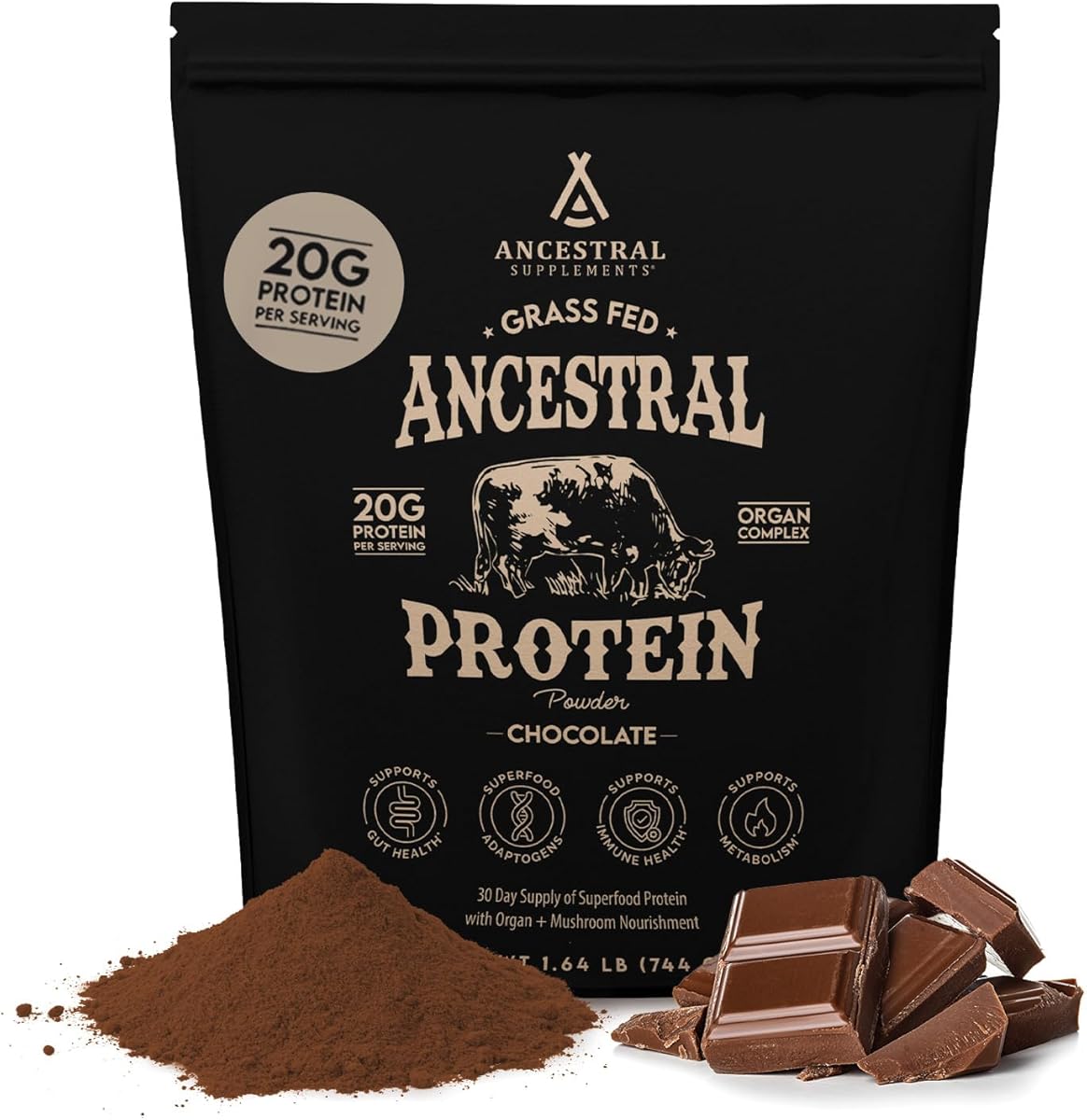 Ancestral Supplements Grass Fed Protein Powder, Chocolate, Beef Bone Broth Based w/Beef Organs & Organic Mushrooms, Gut Health Support, High Protein Supplement, 20g Protein Per Serving, 30 Day Supply