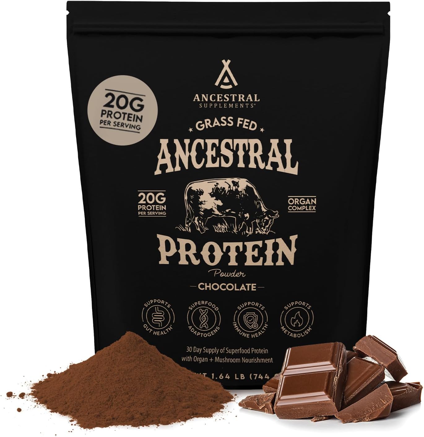 Ancestral Supplements Grass Fed Protein Powder, Chocolate, Beef Bone Broth Based w/Beef Organs & Organic Mushrooms, Gut Health Support, High Protein Supplement, 20g Protein Per Serving, 30 Day Supply