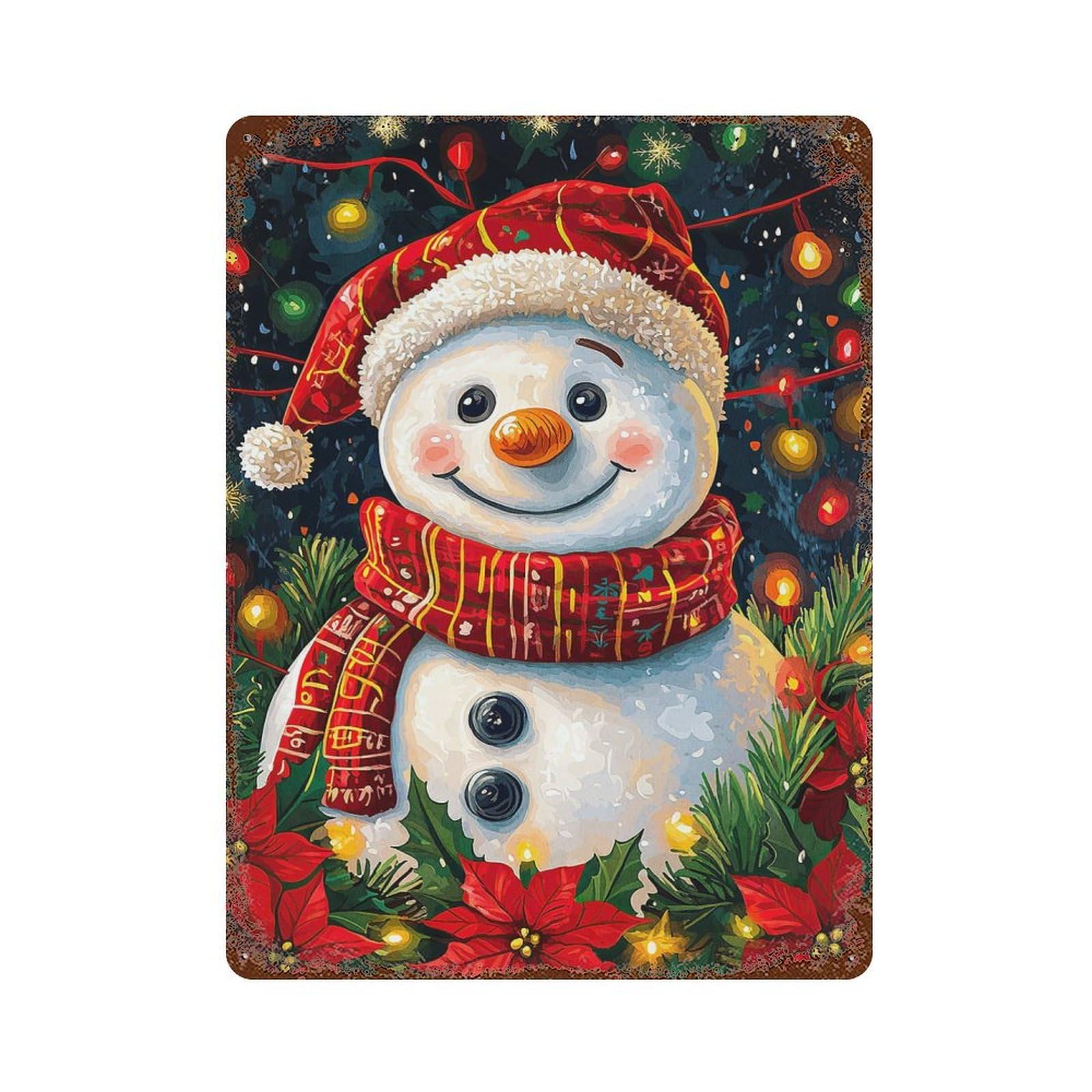 Smiling Snowman Christmas Rust Effect Tin Sign 15.7"x11.8", Industrial Home Decor for Bistro, Counter And Cafe Decor