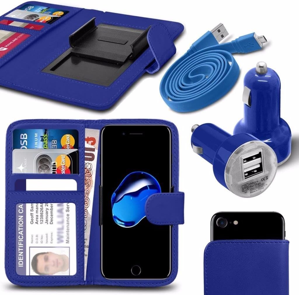 Archos 55B Platinum - Case Super Essentials Pack Clamp Spring Style PU Leather Wallet + Dual Bullet Charger + Micro USB 1 Metre Flat Data Cable - Hot Blue