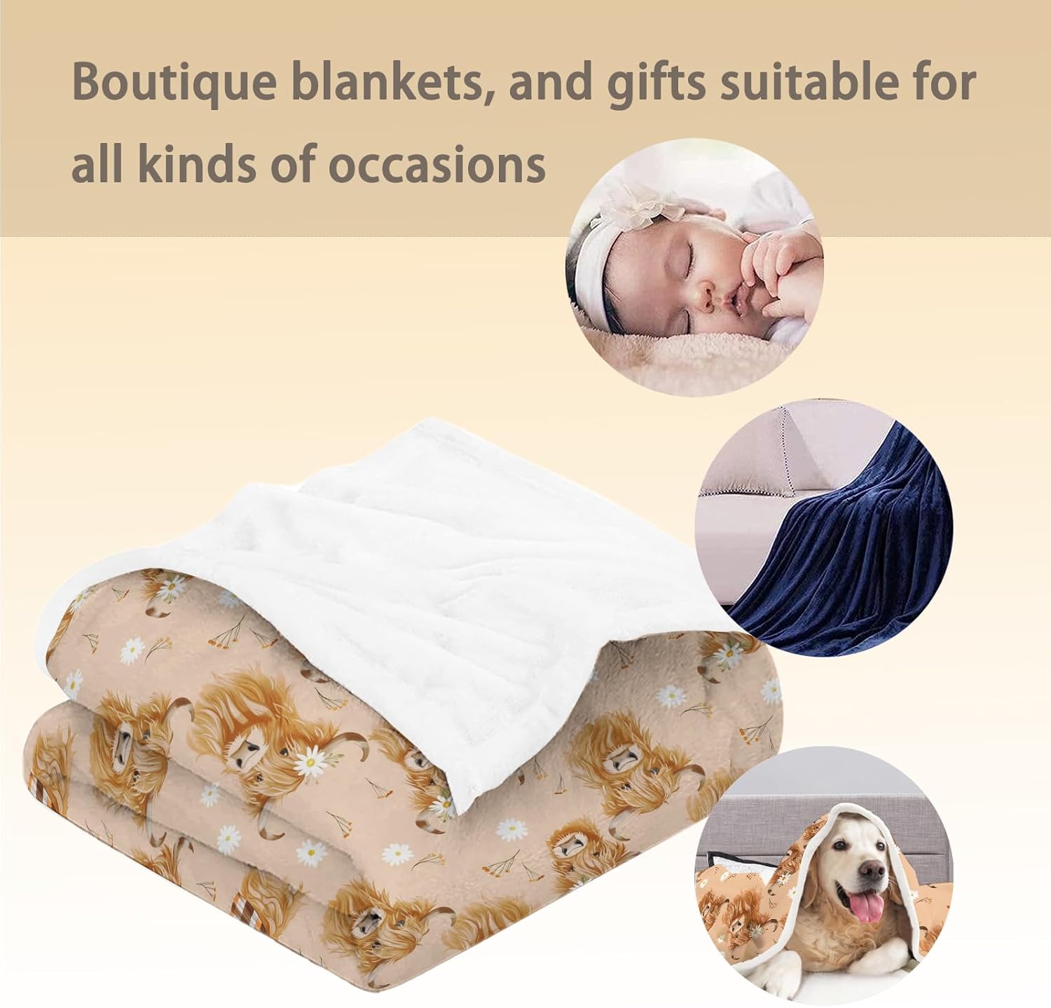Cute Highland Cow Blanket - Soft Lightweight Cozy Animal Flannel Throw Blanket for Adults Kids Women, Warm Fuzzy Blankets for Couch, Bed, Travel, Home Decor, Living Room 60×50 in