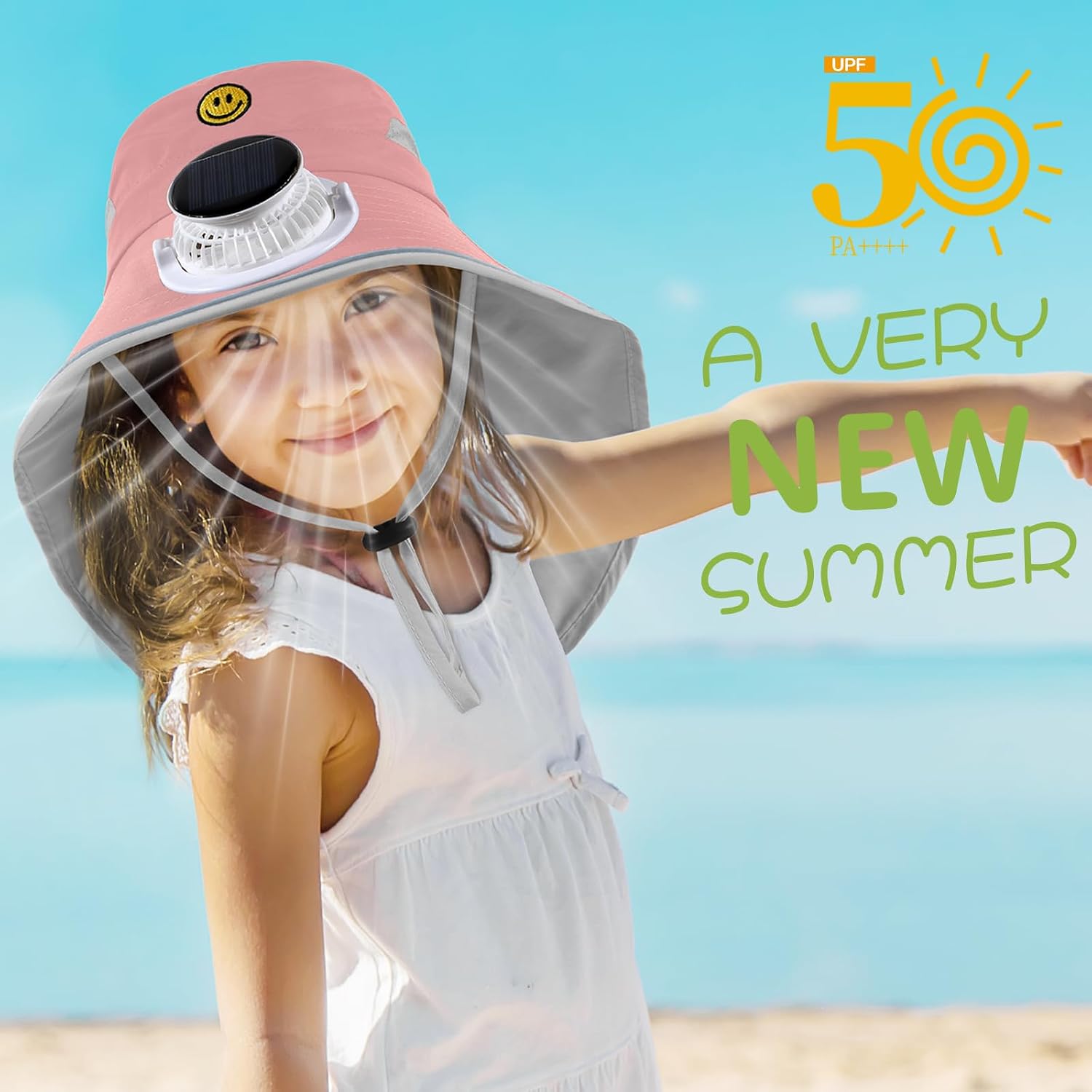 Solar Fan Hat for Kids Smile Face Bucket Hat with Neck Flap Wide Brim Sun Hat for Boys and Girls