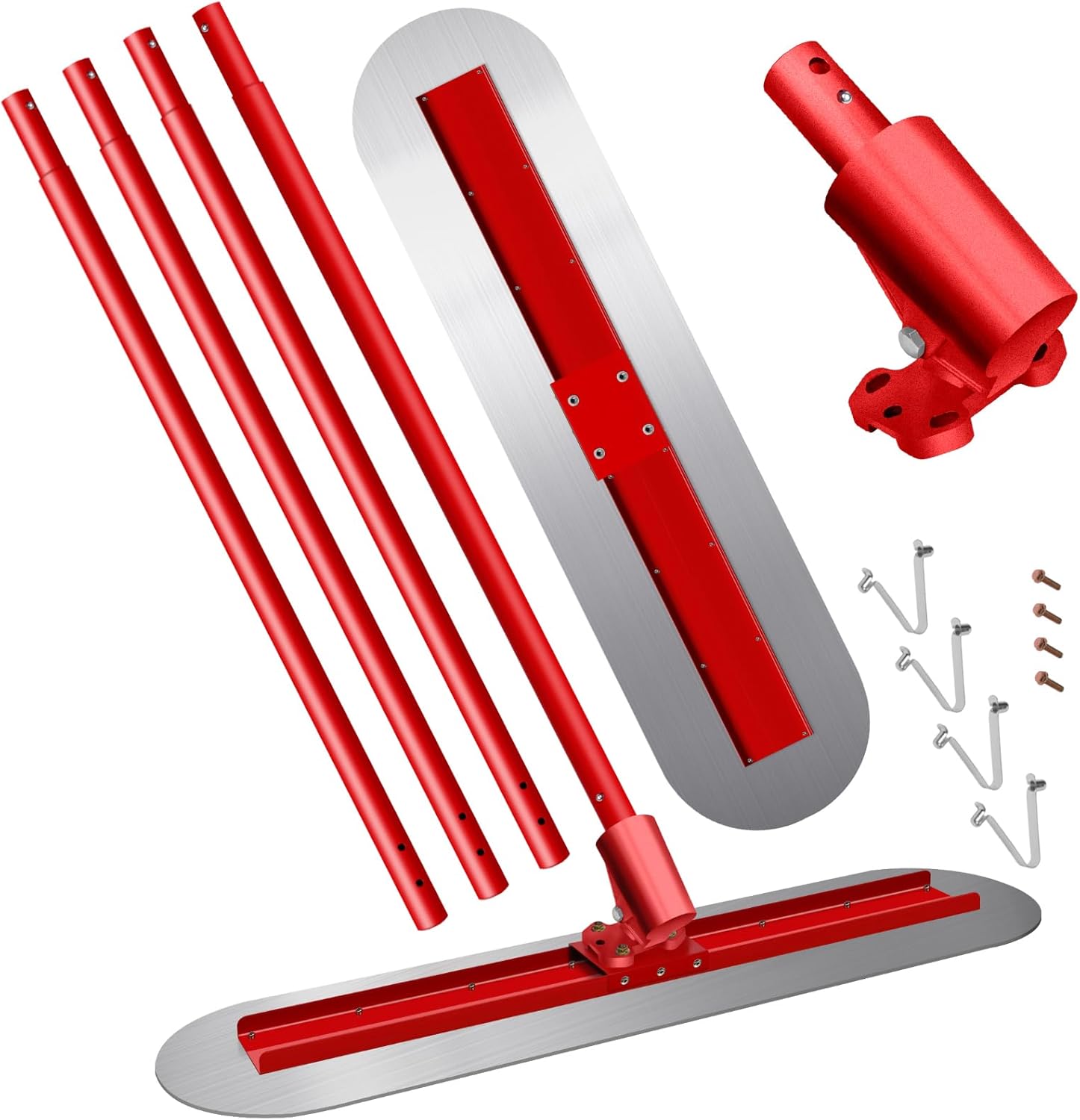 Stainless Steel Concrete Float, Bull Float Concrete Tools With L 50" X W 12" Round End Concrete Bull Float Tool & 4 PCS L 60" Reinforced Interlocking Rods, Concrete Finishing Tools, Red