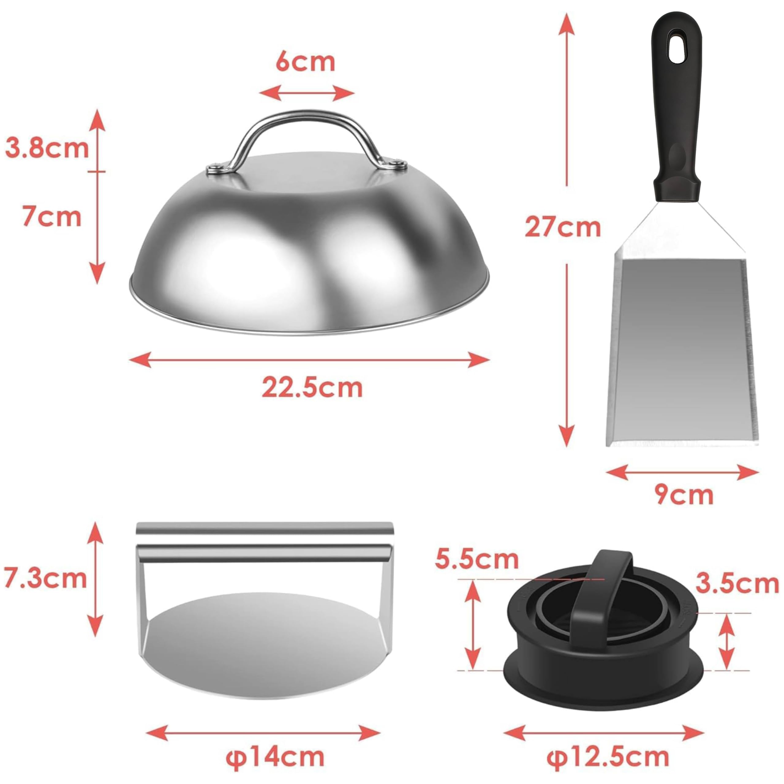 Burger Set, inkl. 2 Edelstahl Burgerglocken, Burgerpresse, Smasher, Pattywender, Komplettes Burger Grill Set für BBQ Plancha, Grillplatte, Gasgrill & Feuerplatte