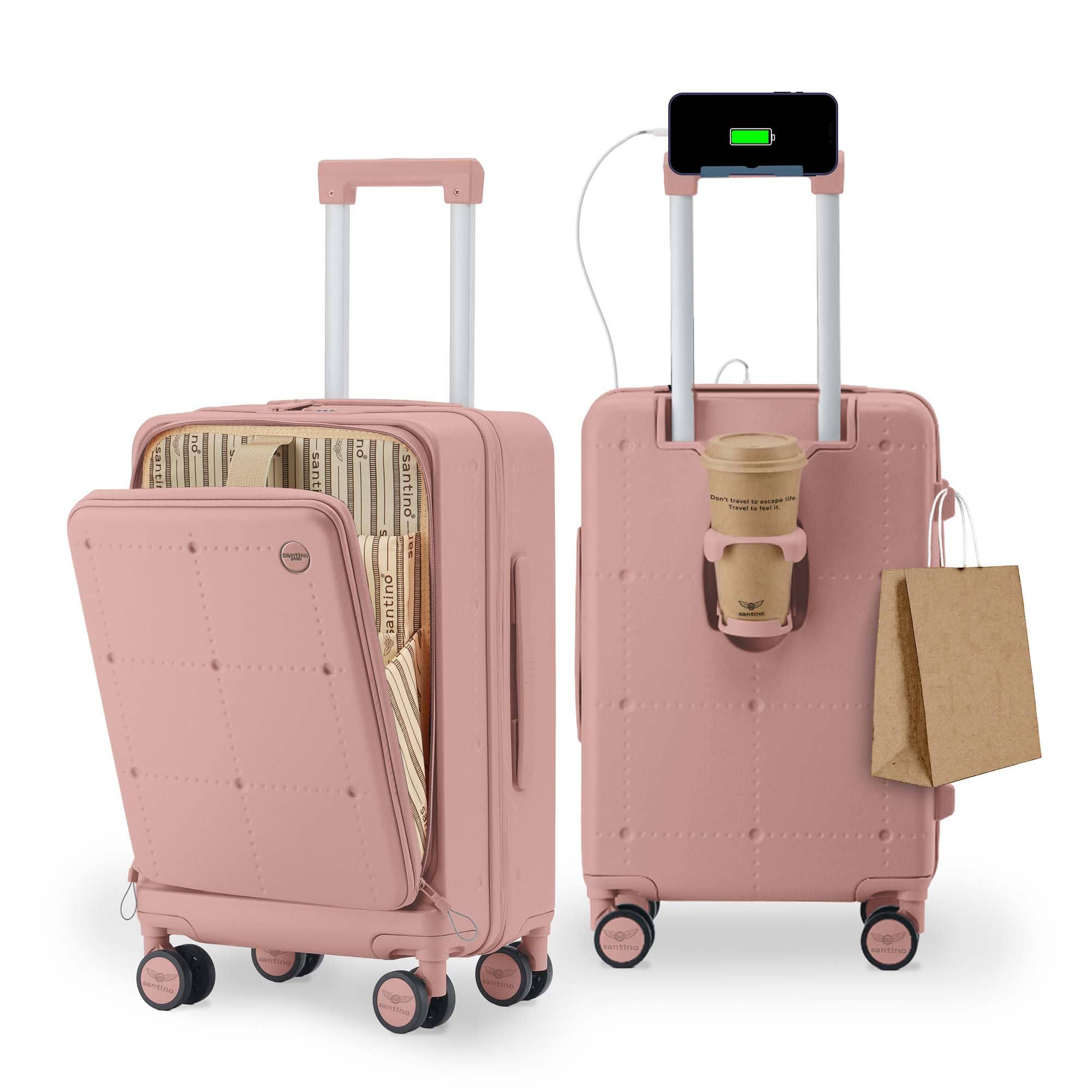 Santino Carry On Luggage with Cup and Phone Holder, 20 Inch Hardside Suitcase with 8 Spinner Wheels, Airline Approved (22x14x9) with TSA Lock for