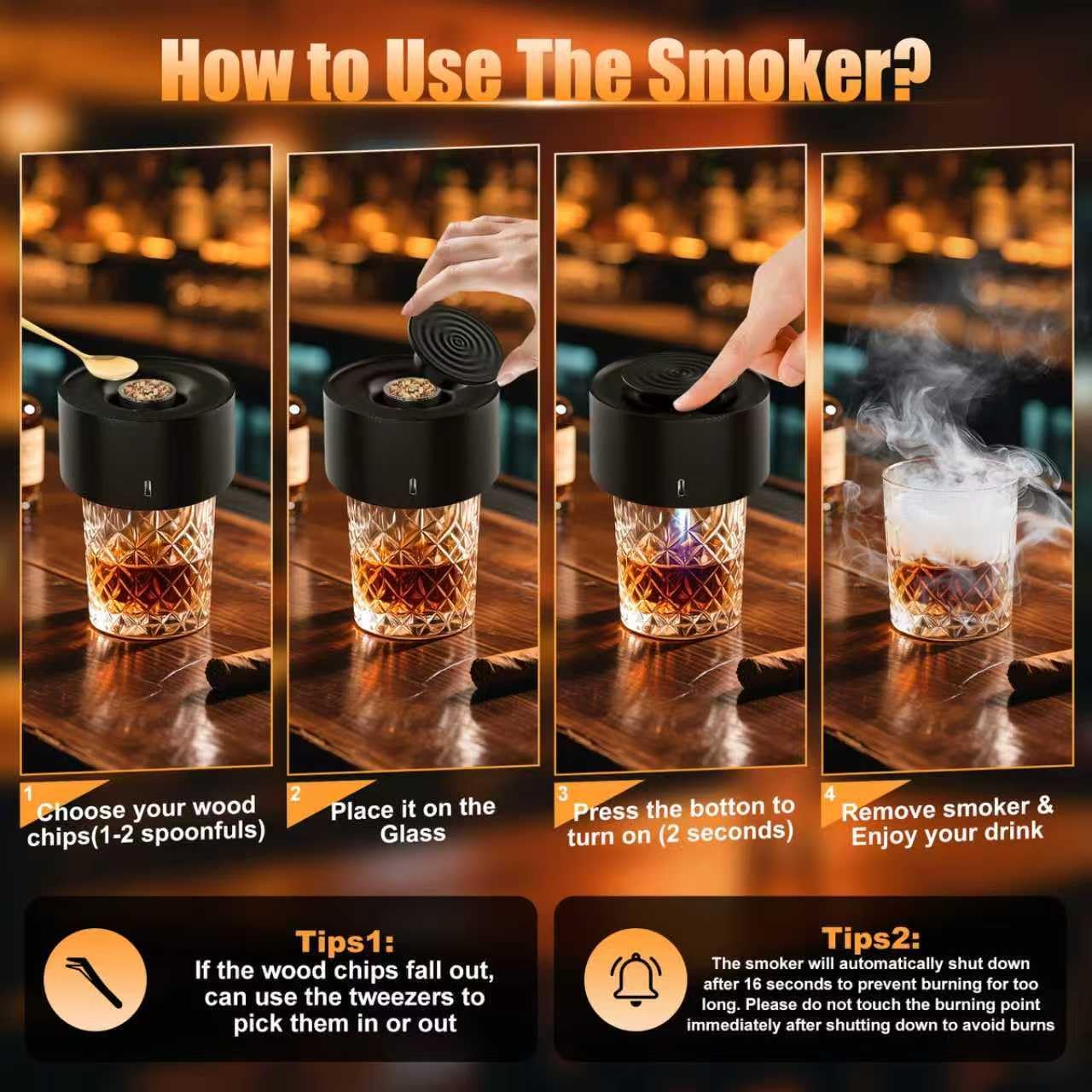 Electric Whiskey Smoker Kit, Rechargeable Built-in Lighter & LED Light, No Butane Needed, 6 Flavored Wood Chips for Old Fashioned Smoker Kit, Bourbon, Cocktail Holiday Tech Gifts for Men Dad Husband