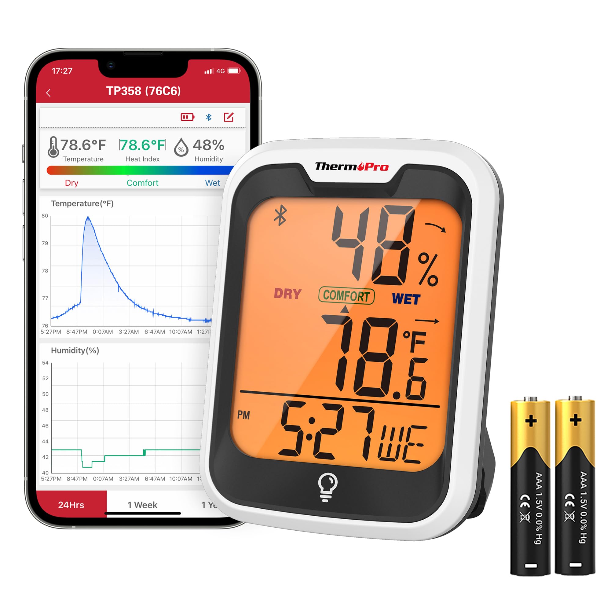 ThermoPro TP358 Bluetooth Thermometer for Room Temperature with Built-in Clock, Smart Temperature Sensor and Humidity Meter with Backlit, 260Ft Hygrometer Indoor Thermometer for Home Greenhouse