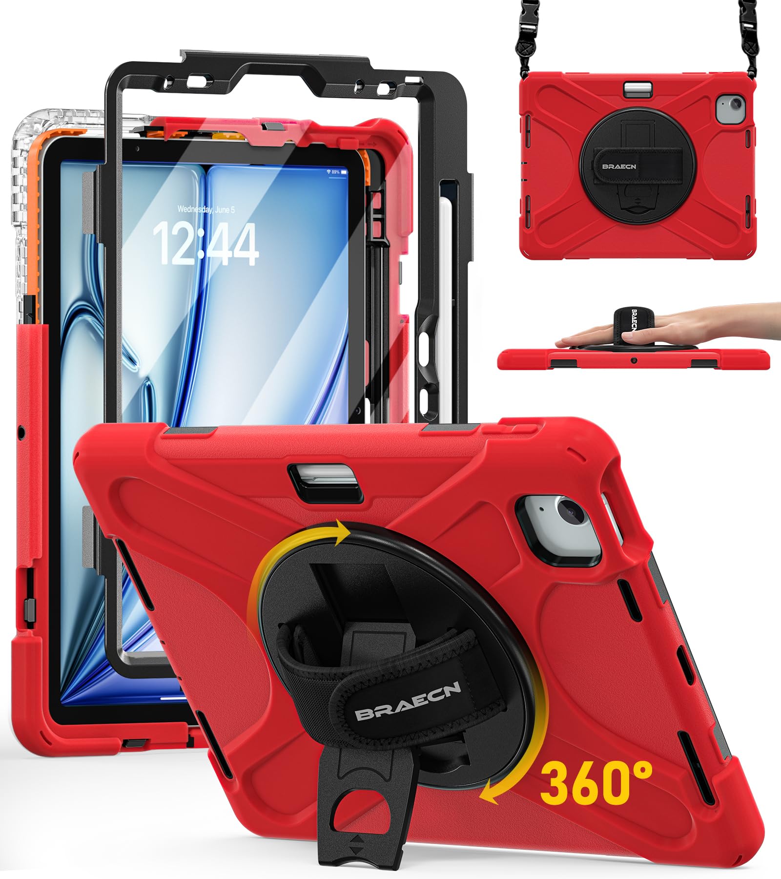 BRAECN für iPad Air 11 Zoll Hülle (2026 M4/2025 M3/2024 M2), Stoßfeste Robuste Tragbare Schutzhülle mit Displayschutz, 360° Drehbarem Ständer, Handgurt und Schultergurt, Rot