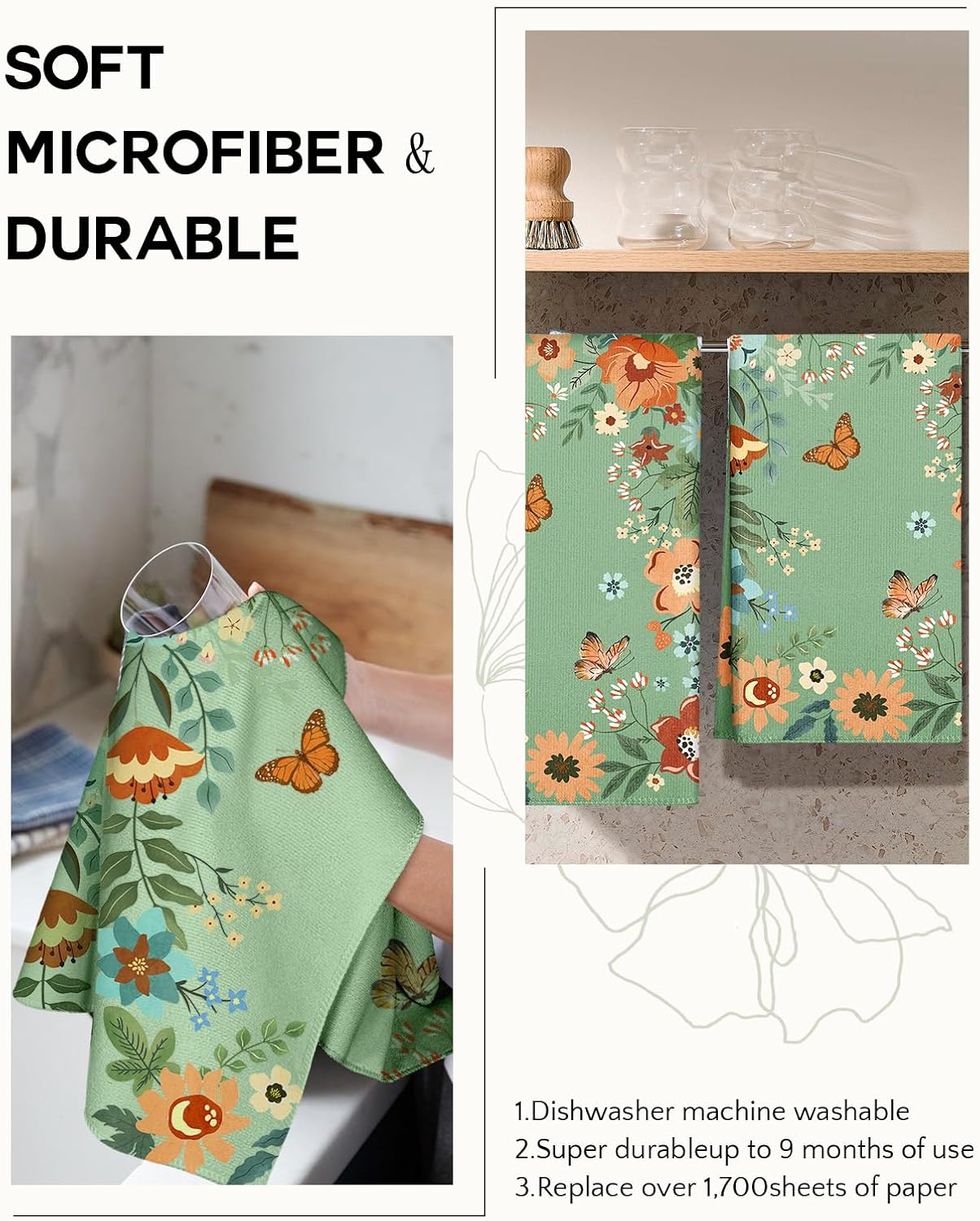 Miss Adola Cute Kitchen Towels Set of 2, 18 x 26 Inch, Green Butterfly image 4