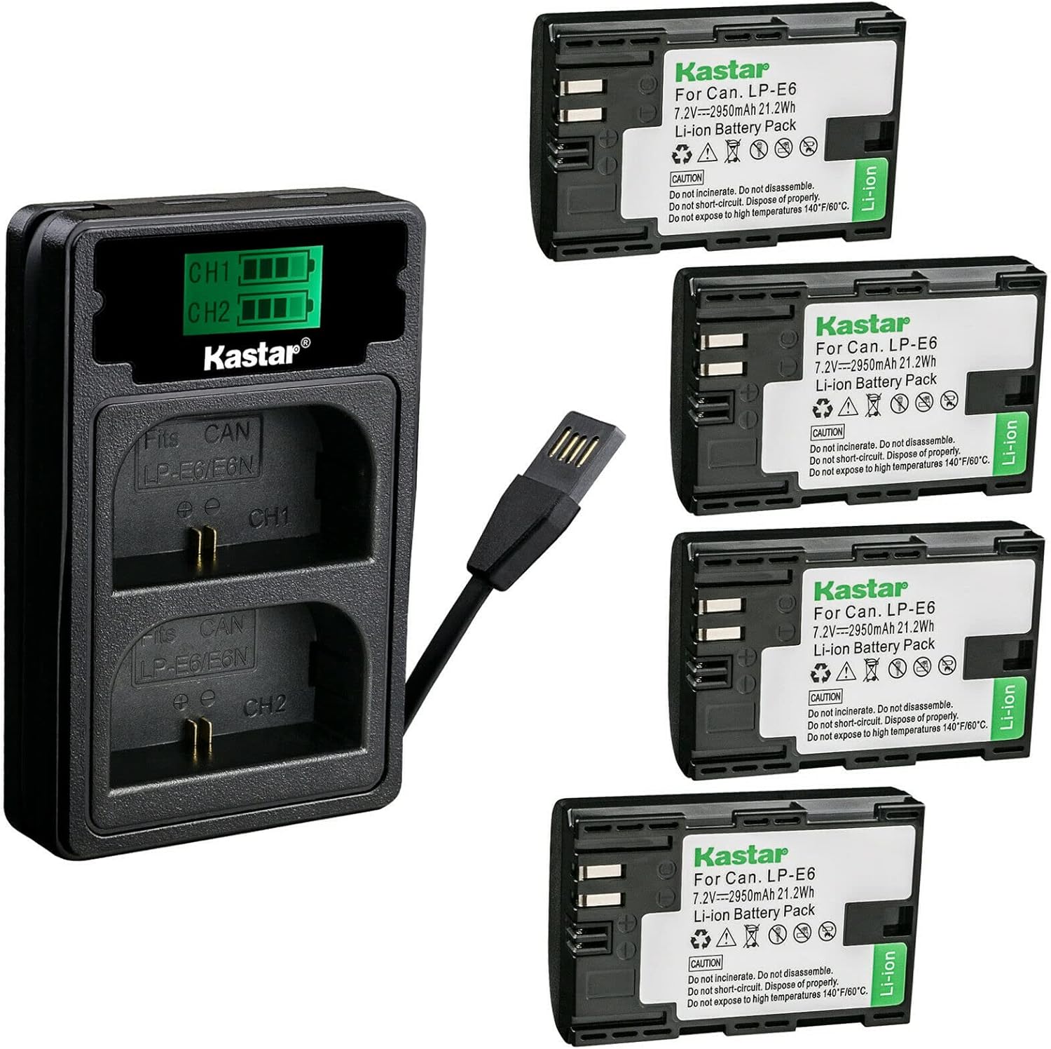 Kastar 4 Pack Battery and Charger for Canon LP-E6 series