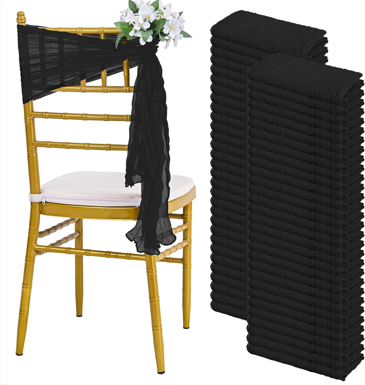 60 PCS Black Cheesecloth Chair Sashes, 16 x 70 inch Cheesecloth Sashes Rustic Chair Decorative Bows Designed ChairCover for Wedding Banquet Party Aisle Home Kitchen Decoration