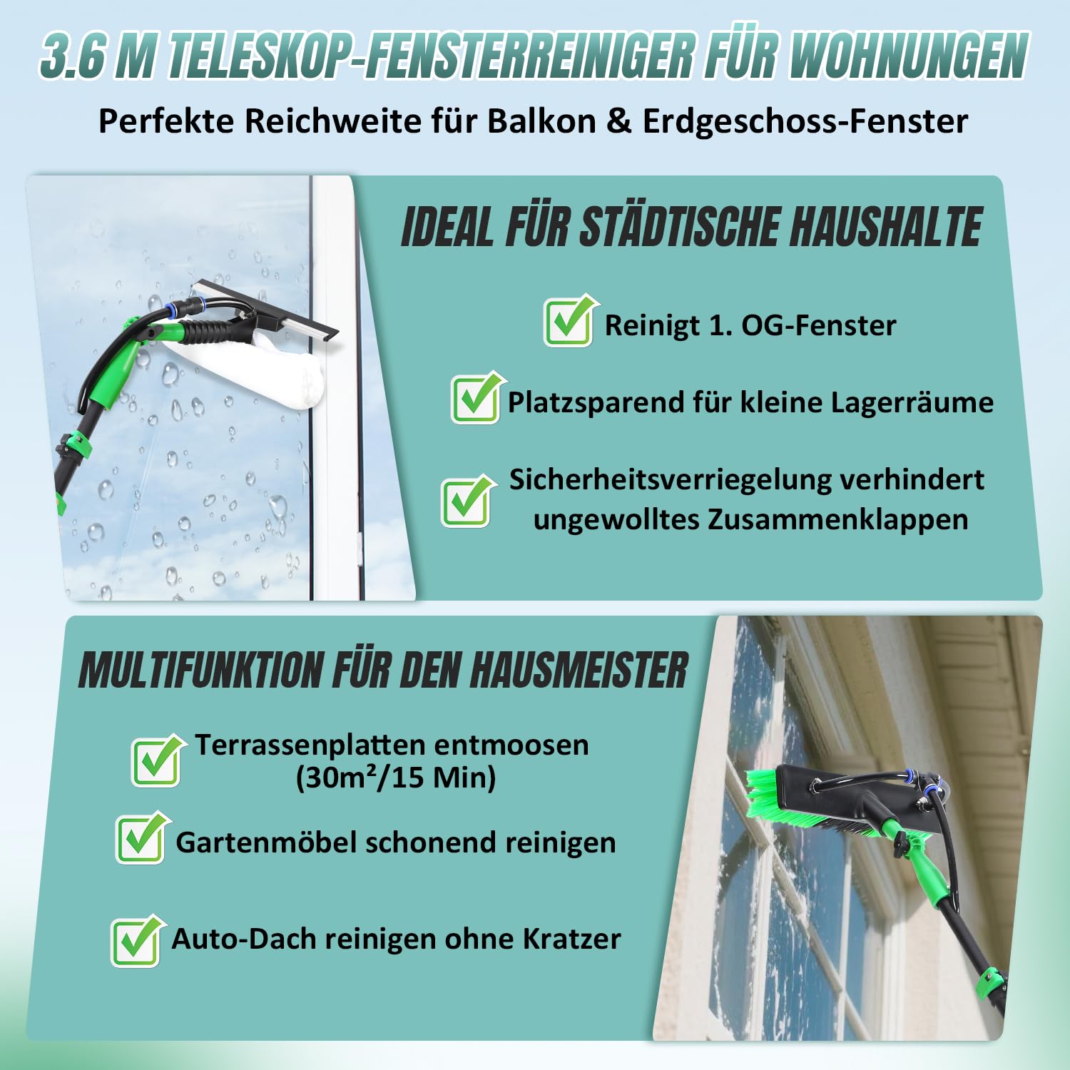 Spazzola telescopica per lavaggio, 3,6 m, con manico telescopico, set professionale con attacco acqua, pulizia di finestre e impianti PV, spazzola telescopica con setole morbide, per terrazza