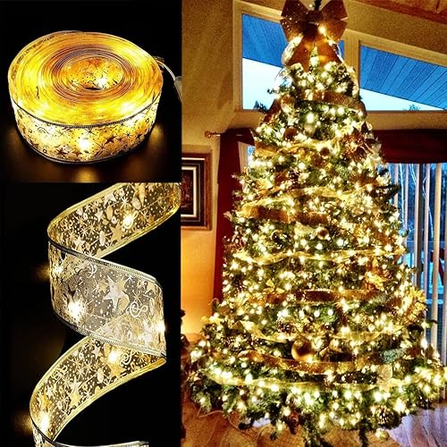 Cinta de luces para decoración de árbol de Navidad 100 luces LED de 32 pies borde dorado cinta de luces con alambre para árbol de Navidad boda
